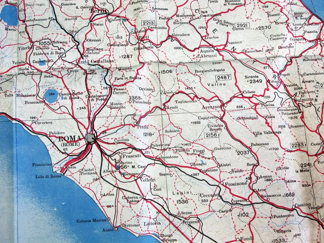 British WWII Era Silk Escape & Evasion Map of Rome, Southern Italy & Sicily (35" x 25")