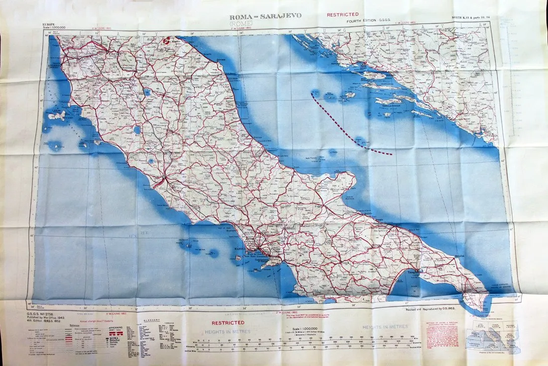 British WWII Era Silk Escape & Evasion Map of Rome, Southern Italy & Sicily (35" x 25")