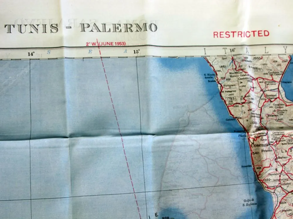 British WWII Era Silk Escape & Evasion Map of Rome, Southern Italy & Sicily (35" x 25")