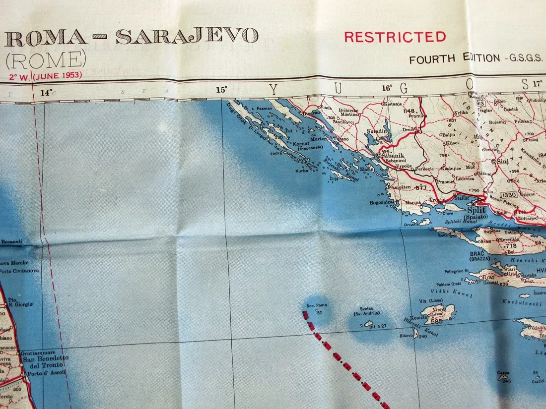 British WWII Era Silk Escape & Evasion Map of Rome, Southern Italy & Sicily (35" x 25")