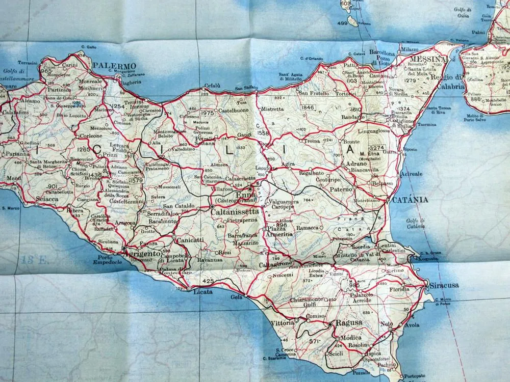 British WWII Era Silk Escape & Evasion Map of Rome, Southern Italy & Sicily (35" x 25")
