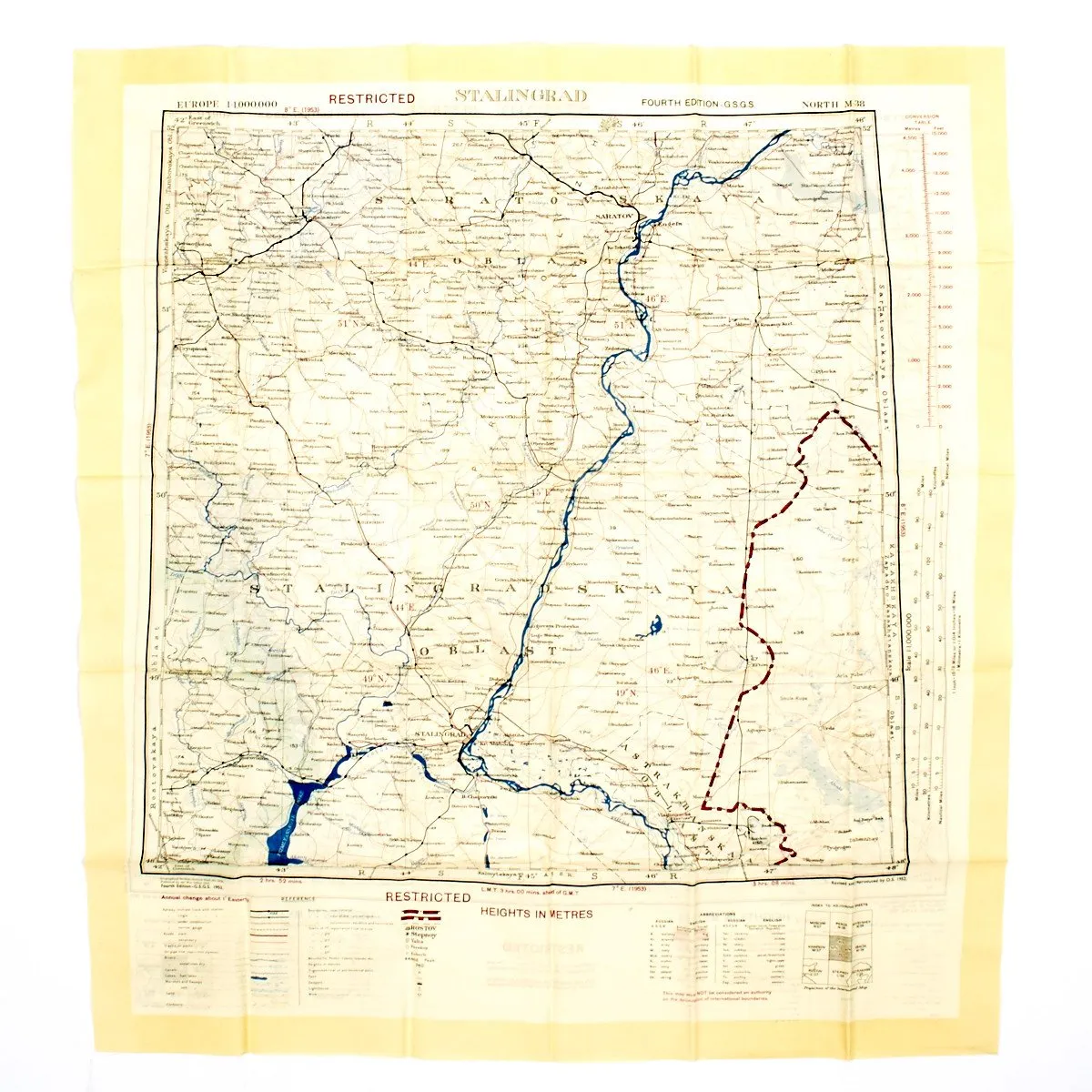 British WWII Era Silk Escape & Evasion Map of Stalingrad Russia 1919-1952 (21 "x 23")