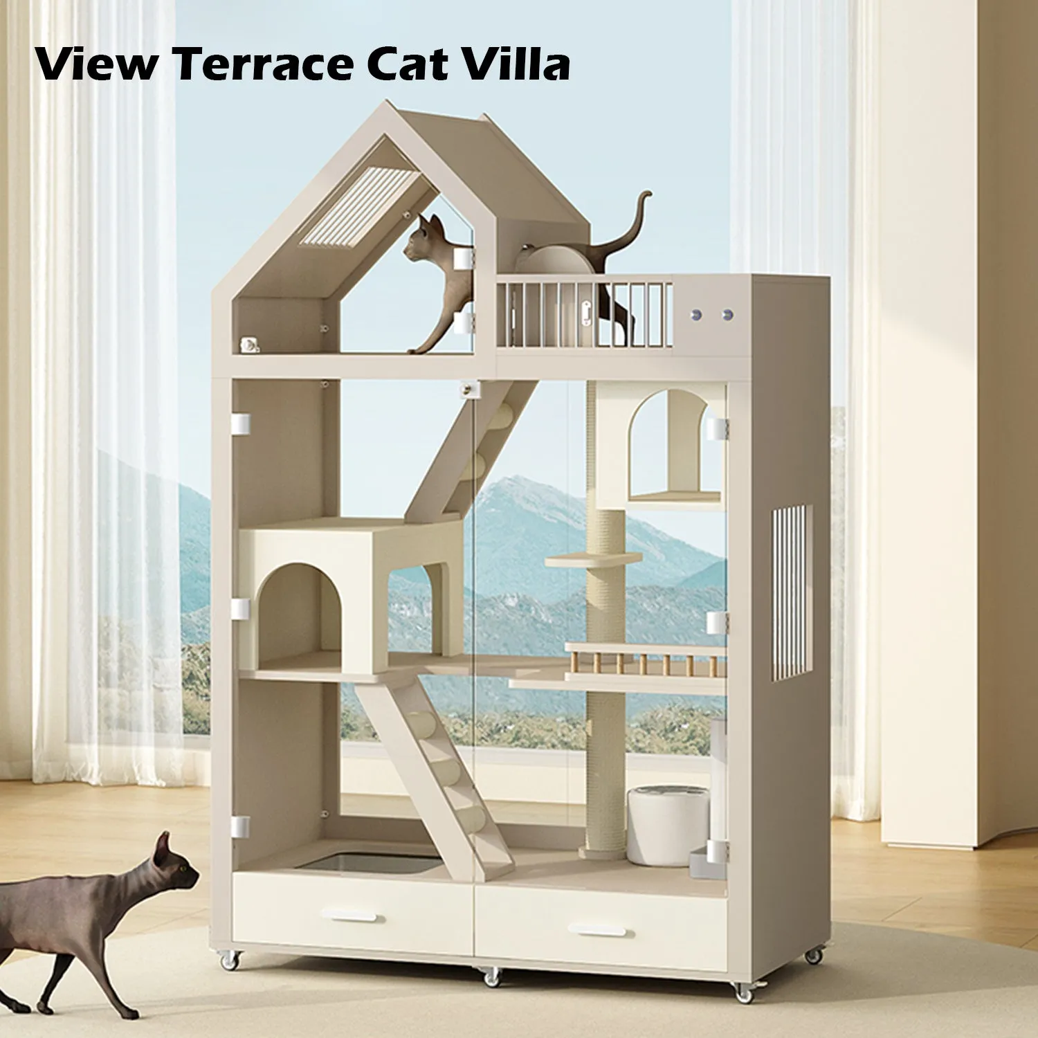 Cat Room Solid Wood Cage Panoramic Glass Cat Cabinet Home Cat Villa