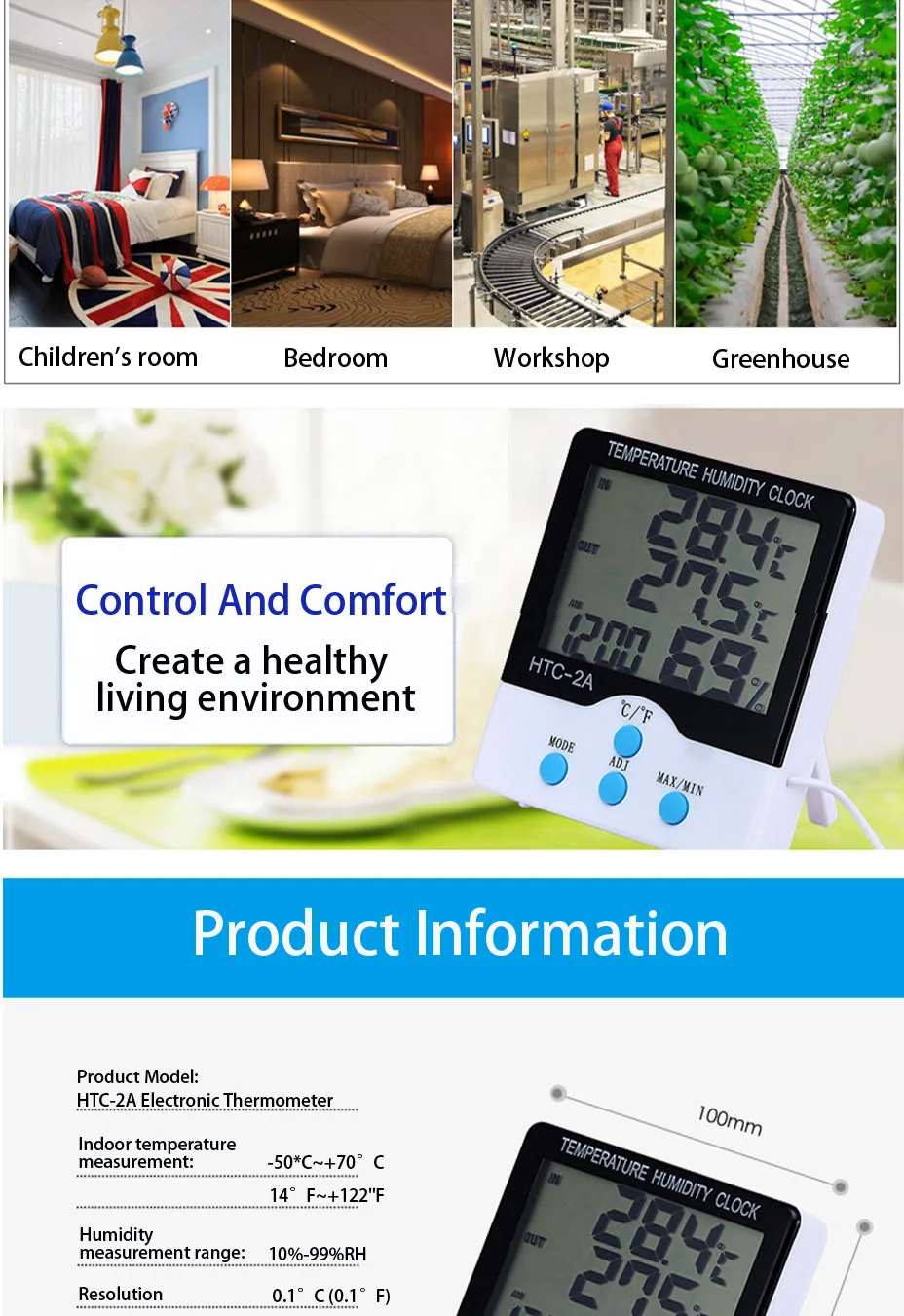 Clock Lcd Digital Thermometer Hygrometer Htc-2A