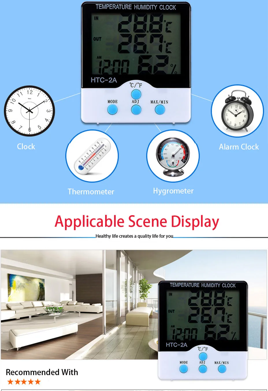 Clock Lcd Digital Thermometer Hygrometer Htc-2A