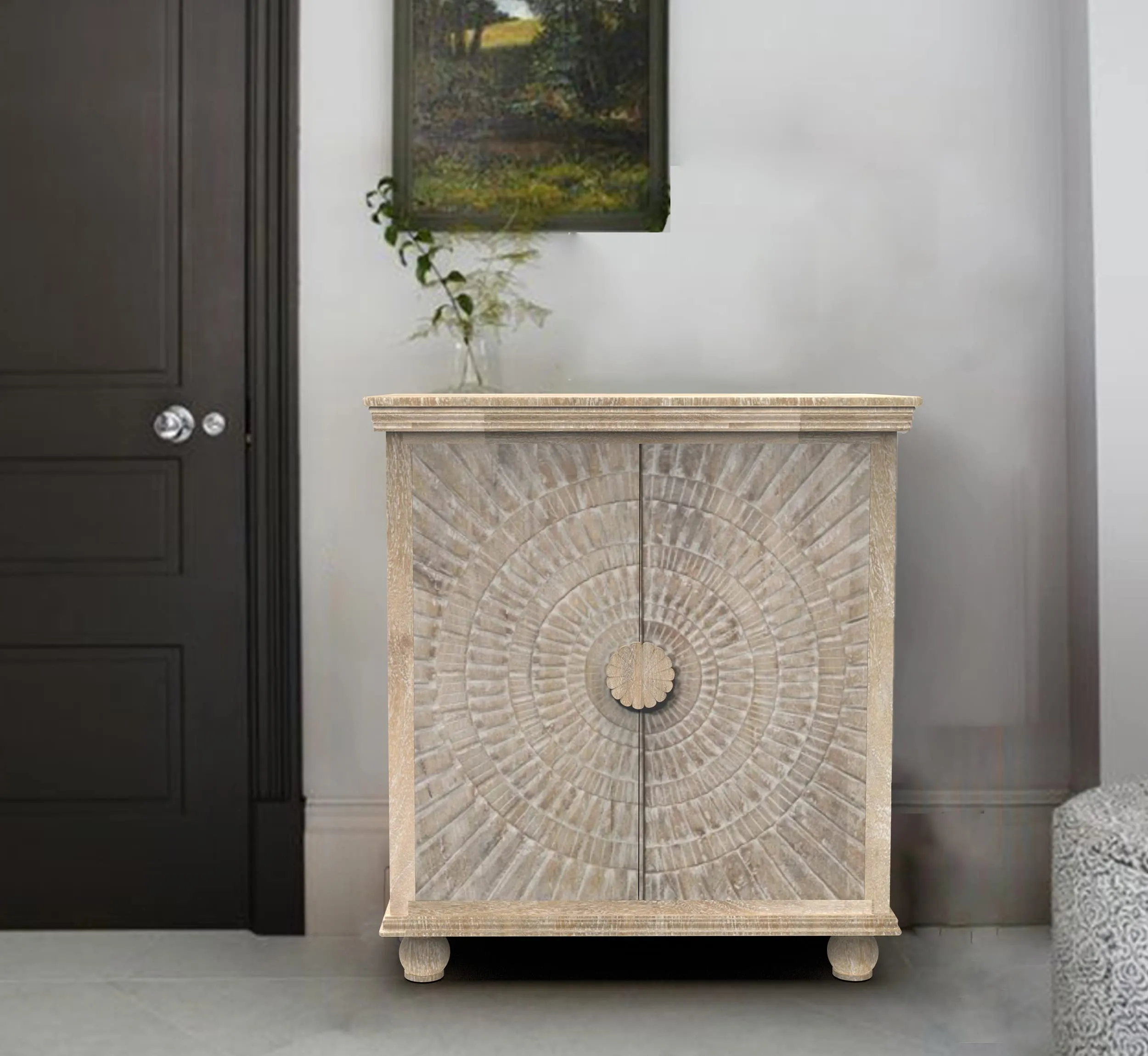 CORSICA DESIGNS | Contemporary Full-Size Premium Sunburst Carving Sideboard | 100% Solid Mango Wood | Storage Cabinet & Chest | Dining Room & Living Room | Farmhouse White (B. 2 Doors with Shelf)