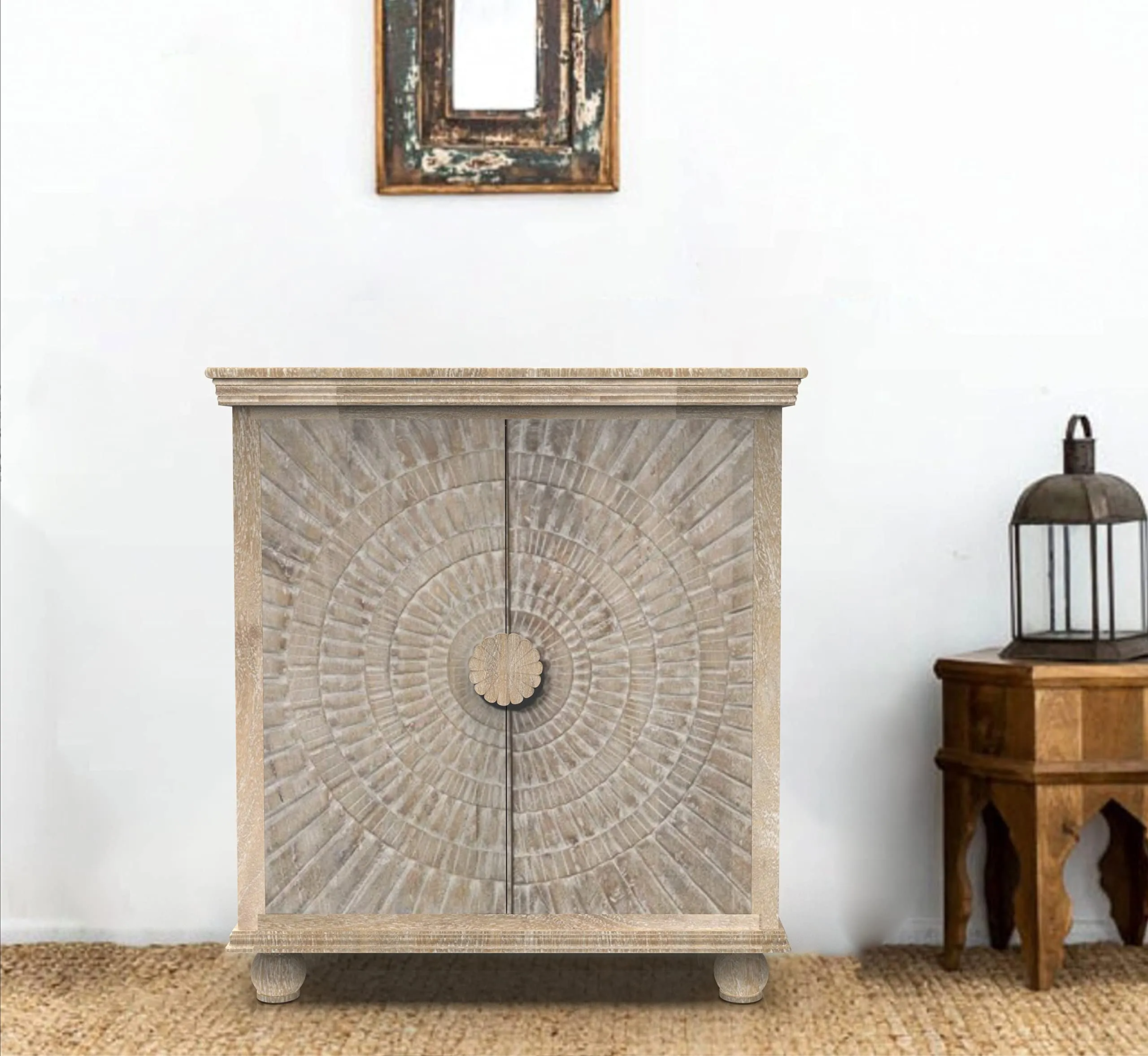 CORSICA DESIGNS | Contemporary Full-Size Premium Sunburst Carving Sideboard | 100% Solid Mango Wood | Storage Cabinet & Chest | Dining Room & Living Room | Farmhouse White (B. 2 Doors with Shelf)