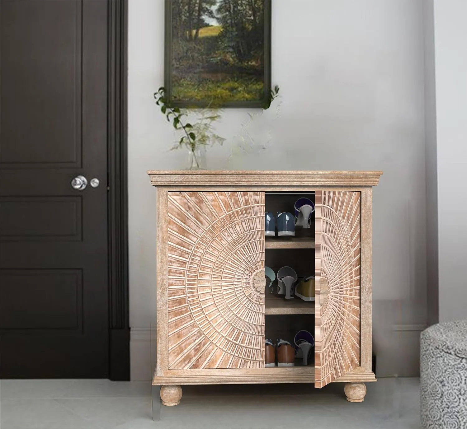 Corsica Rising Small Premium Sunburst Carving Solid Mango Wood Sideboard Farmhouse White