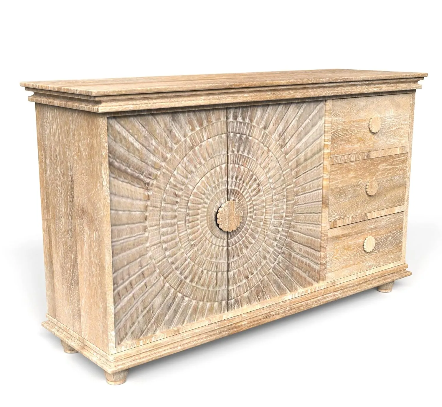 Corsica Sunburst Carved Solid Mango Wood Sideboard Storage Cabinet & Chest Farmhouse White