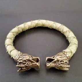 Dragon Scale Leather Bracelet Bronze, Green Large Scale Pattern Torc Viking Mens Rock Handmade LARP