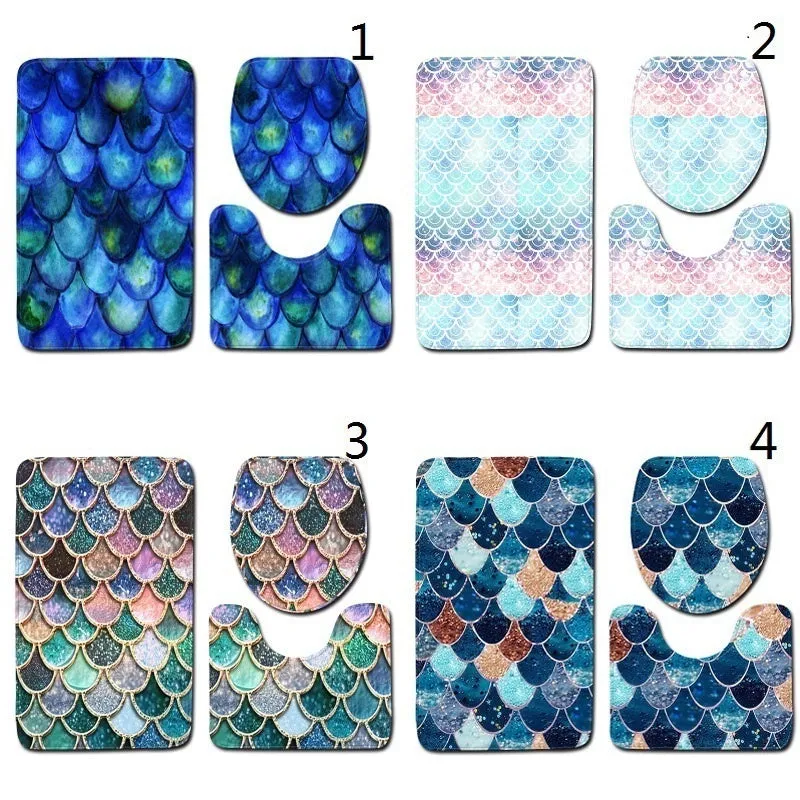 Fish Scale Pattern Bath Mat 3 Pieces/sets Toilet Cover Mat Absorbent Non-slip Bathroom Mats Creativity Bath Rugs