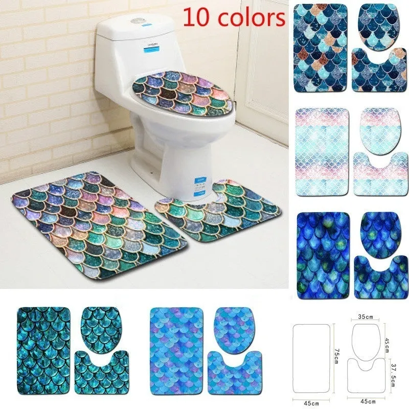 Fish Scale Pattern Bath Mat 3 Pieces/sets Toilet Cover Mat Absorbent Non-slip Bathroom Mats Creativity Bath Rugs