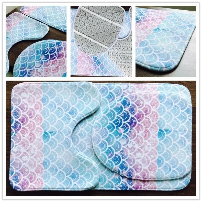 Fish Scale Pattern Bath Mat 3 Pieces/sets Toilet Cover Mat Absorbent Non-slip Bathroom Mats Creativity Bath Rugs