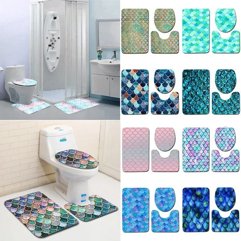 Fish Scale Pattern Bath Mat 3 Pieces/sets Toilet Cover Mat Absorbent Non-slip Bathroom Mats Creativity Bath Rugs