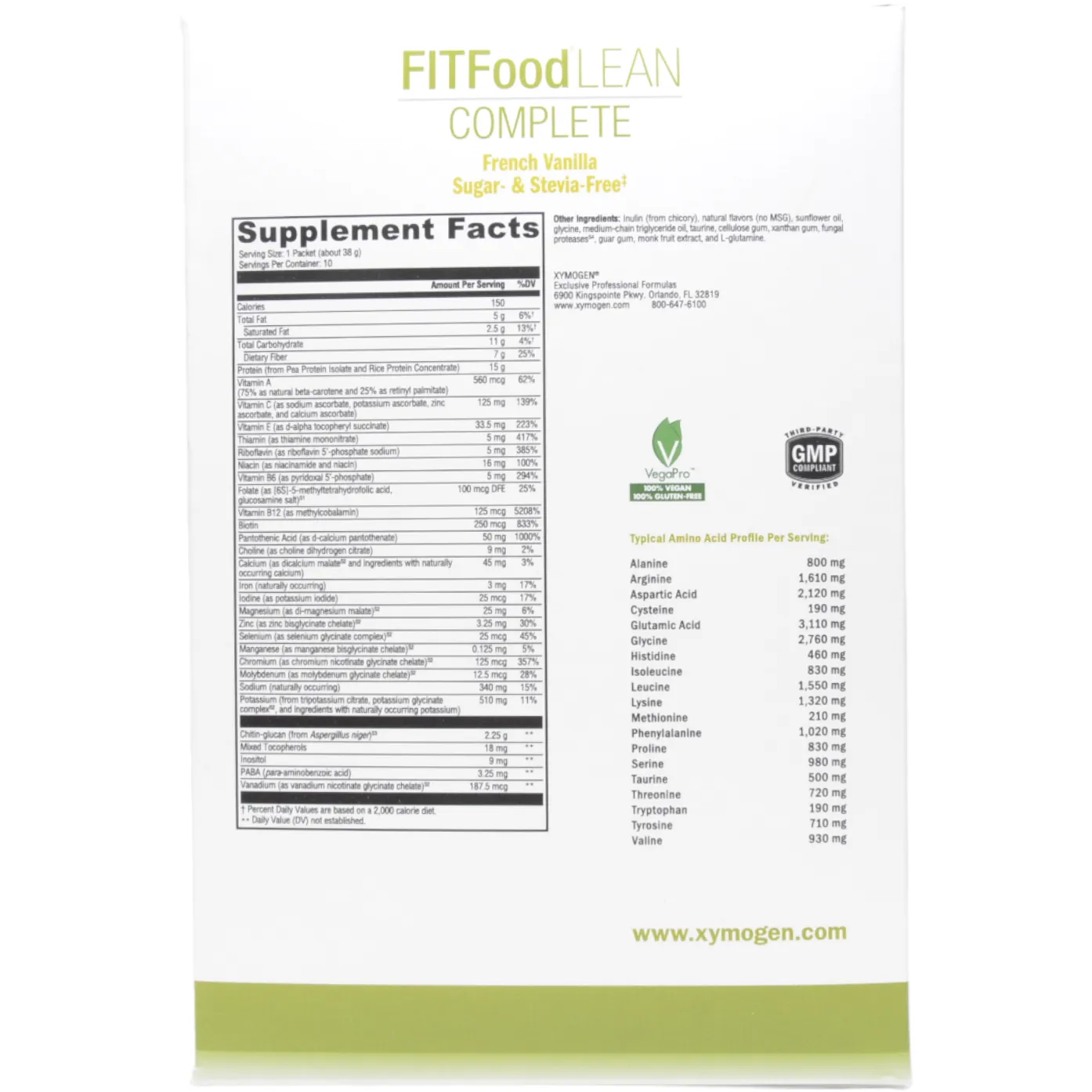 FIT Food Lean Complete: French Vanilla (Sugar- & Stevia-Free) 10 Servings by Xymogen