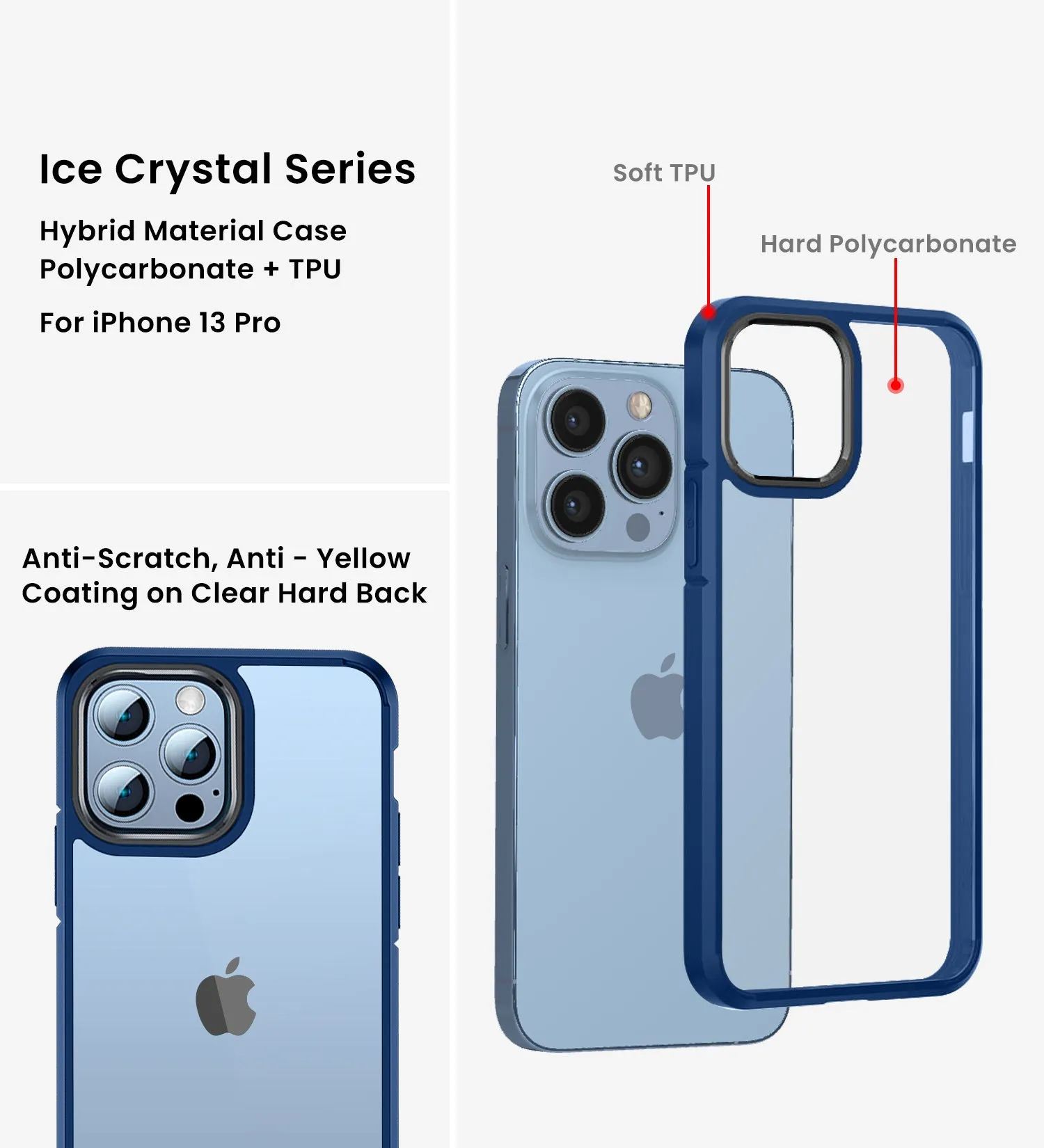 Ice Crystal Series Hybrid Scratch-Resistant Transparent PC Military Grade TPU Back Cover for Apple iPhone 13 Pro, 6.1 inch, Deep Blue
