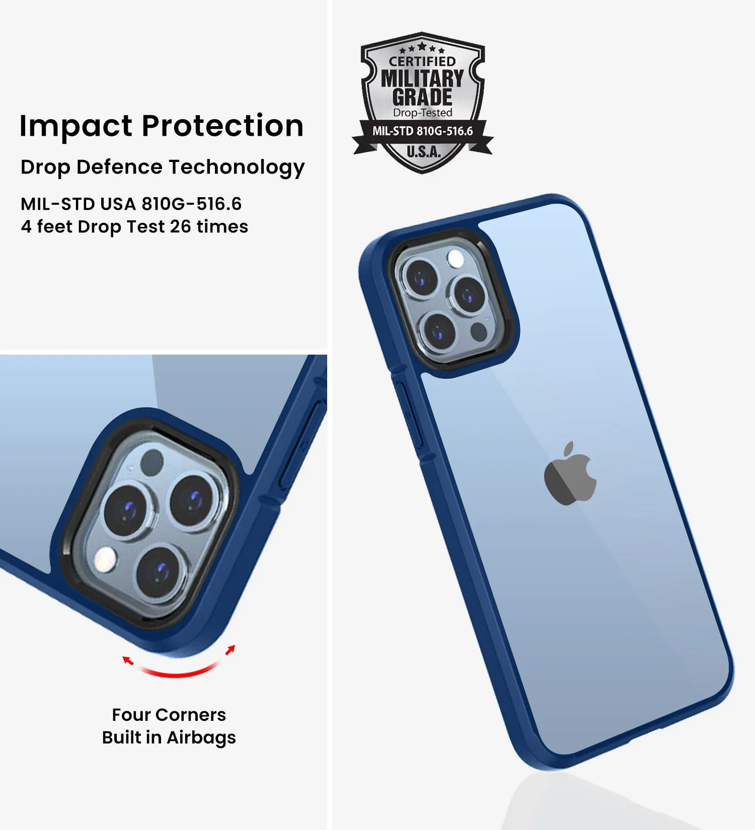 Ice Crystal Series Hybrid Scratch-Resistant Transparent PC Military Grade TPU Back Cover for Apple iPhone 13 Pro, 6.1 inch, Deep Blue