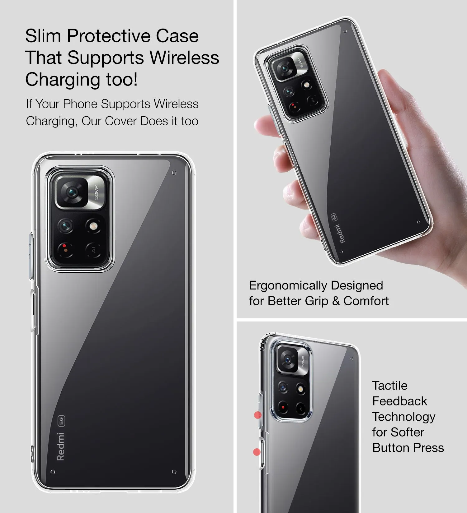 Ice Crystal Series Hybrid Scratch-Resistant Transparent PC Military Grade TPU Back Cover for Redmi Note 11T 5G, Poco M4 Pro 5G, 6.6 inch, Crystal Clear