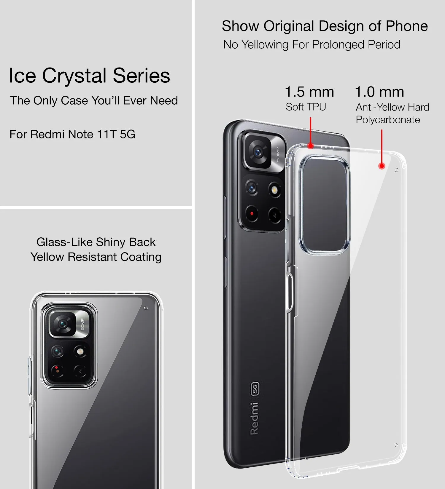 Ice Crystal Series Hybrid Scratch-Resistant Transparent PC Military Grade TPU Back Cover for Redmi Note 11T 5G, Poco M4 Pro 5G, 6.6 inch, Crystal Clear