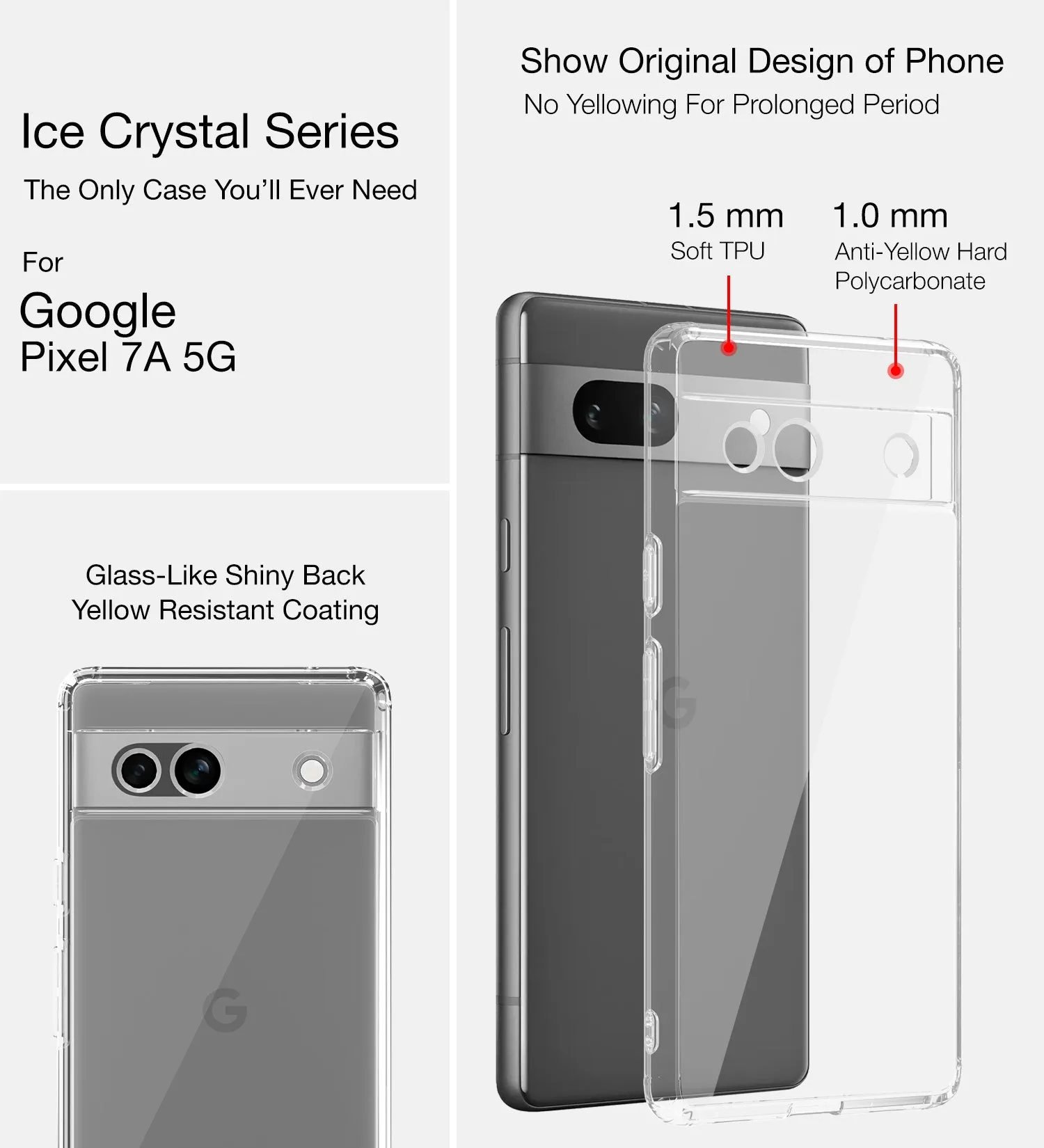 Ice Crystal Series Hybrid Transparent PC Military Grade TPU Back Cover for Google Pixel 7a 5G, 6.1 inch, Crystal Clear