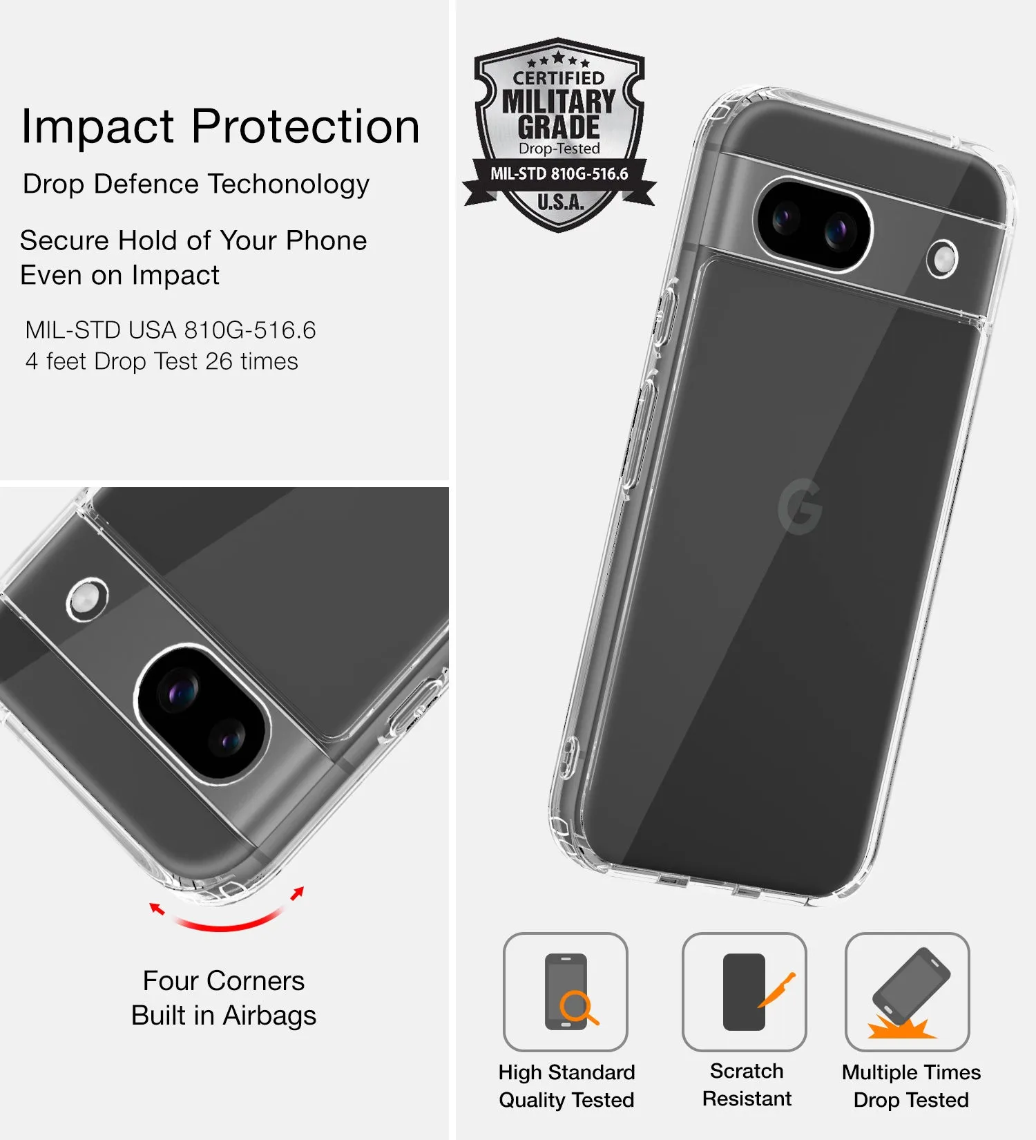 Ice Crystal Series Hybrid Transparent PC Military Grade TPU Back Cover for Google Pixel 8A 5G, 6.1 inch, Crystal Clear