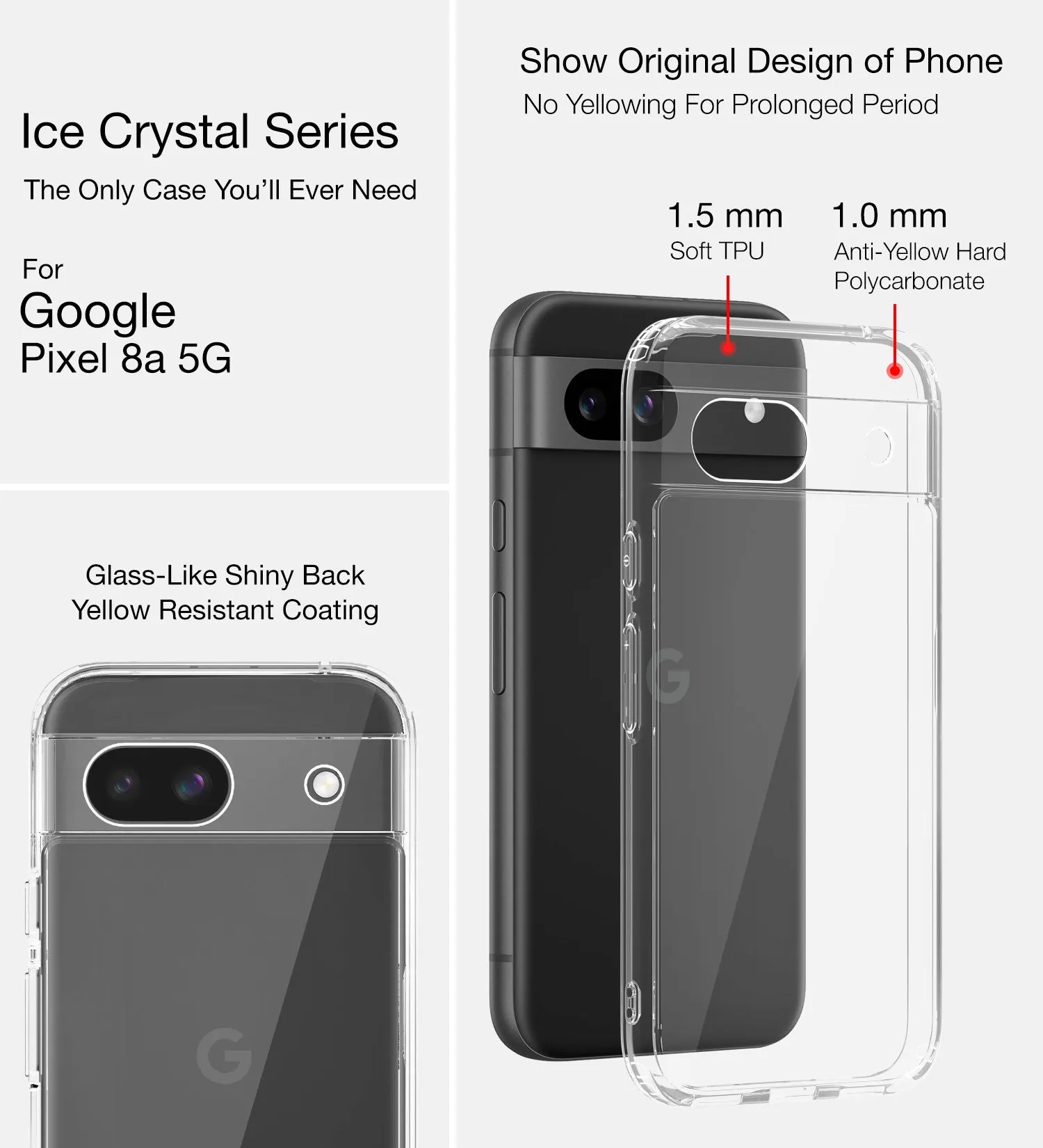 Ice Crystal Series Hybrid Transparent PC Military Grade TPU Back Cover for Google Pixel 8A 5G, 6.1 inch, Crystal Clear