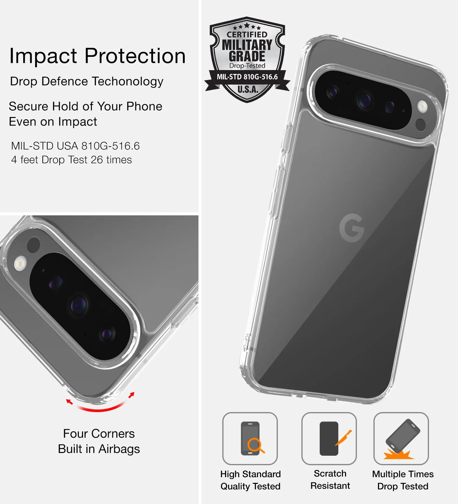 Ice Crystal Series Hybrid Transparent PC Military Grade TPU Back Cover for Google Pixel 9 Pro XL 5G, 6.8 inch, Crystal Clear