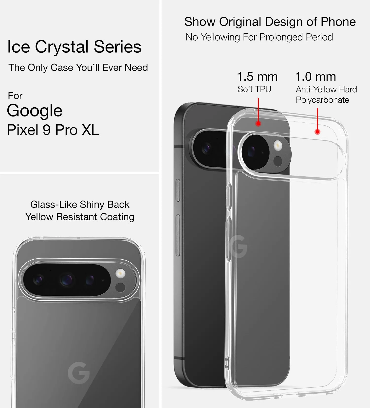 Ice Crystal Series Hybrid Transparent PC Military Grade TPU Back Cover for Google Pixel 9 Pro XL 5G, 6.8 inch, Crystal Clear
