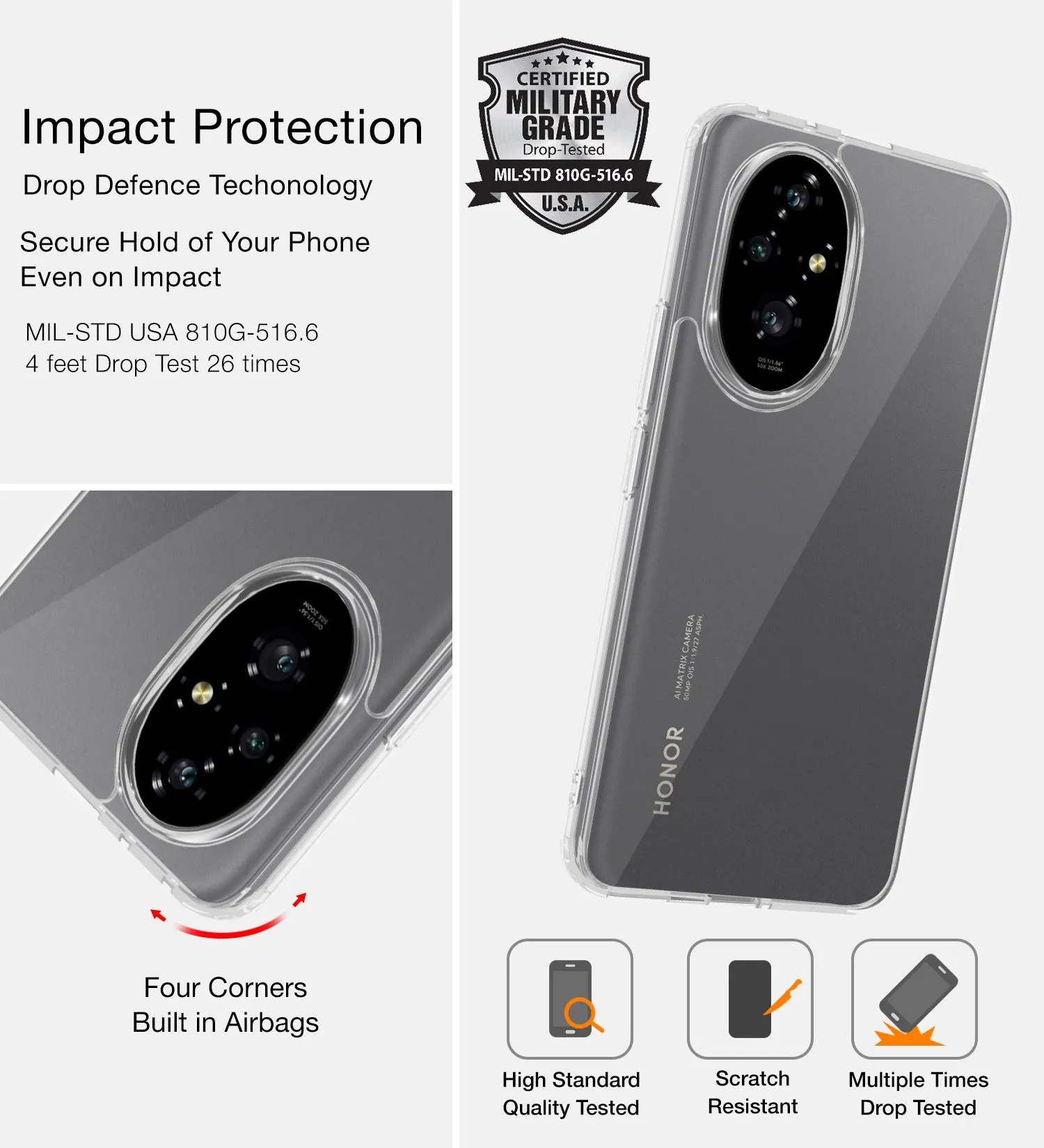 Ice Crystal Series Hybrid Transparent PC Military Grade TPU Back Cover for Honor 200 5G, 6.7 inch, Crystal Clear