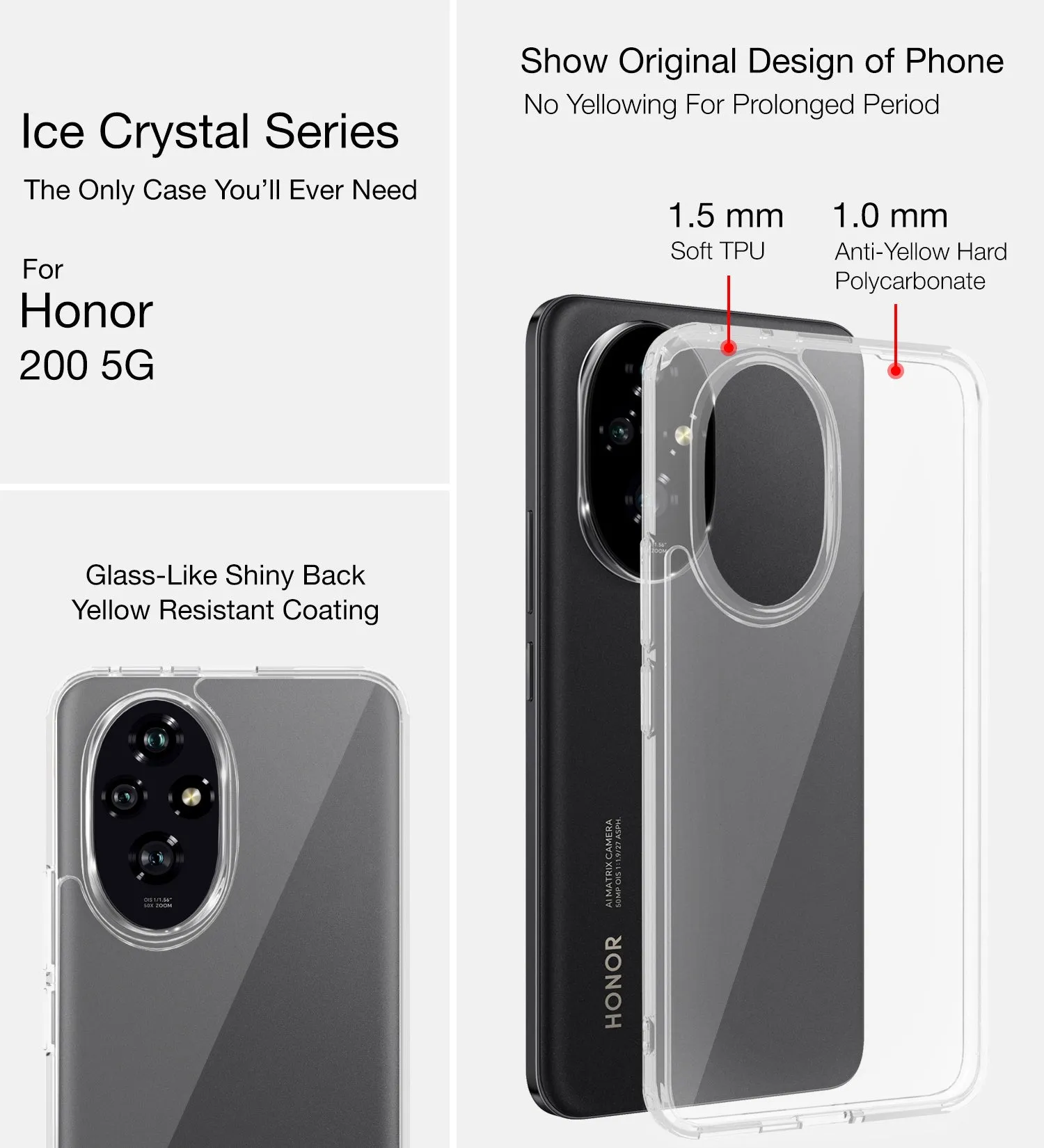 Ice Crystal Series Hybrid Transparent PC Military Grade TPU Back Cover for Honor 200 5G, 6.7 inch, Crystal Clear