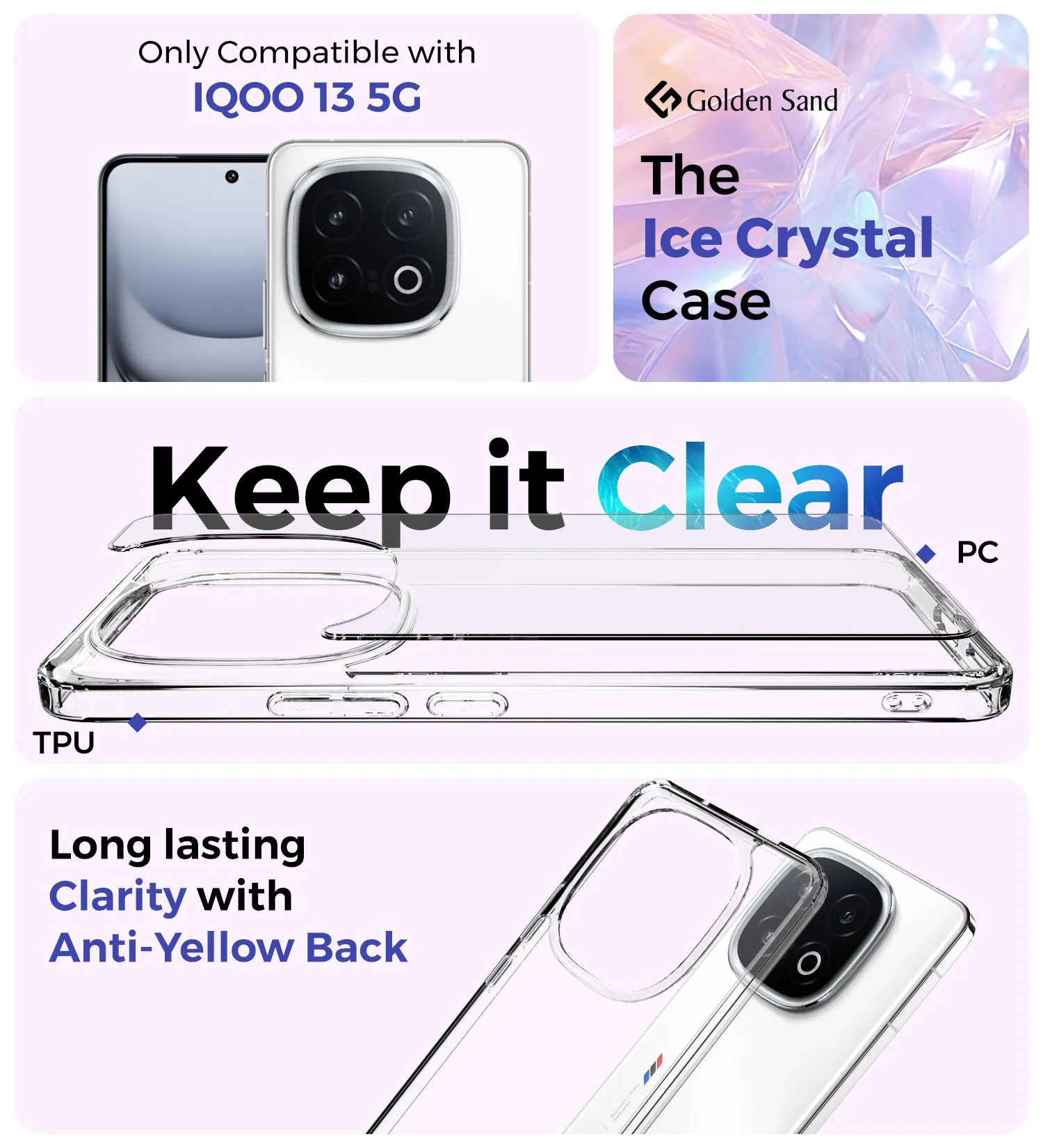 Ice Crystal Series Hybrid Transparent PC Military Grade TPU Back Cover for iQOO 13 5G, 6.82 inch, Crystal Clear