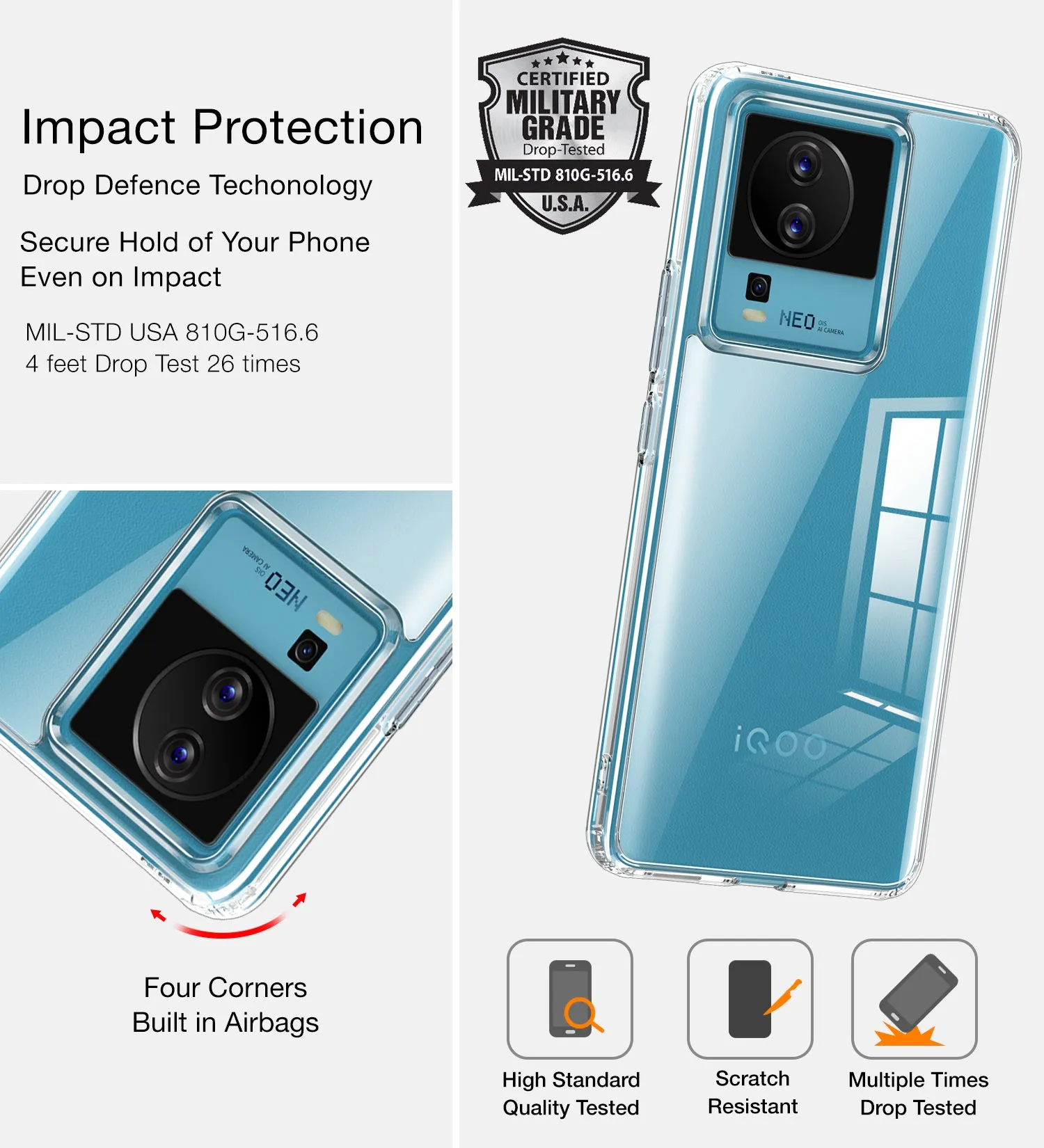 Ice Crystal Series Hybrid Transparent PC Military Grade TPU Back Cover for iQOO Neo 7 5G, iQOO Neo 7 Pro 5G, 6.78 inch, Crystal Clear
