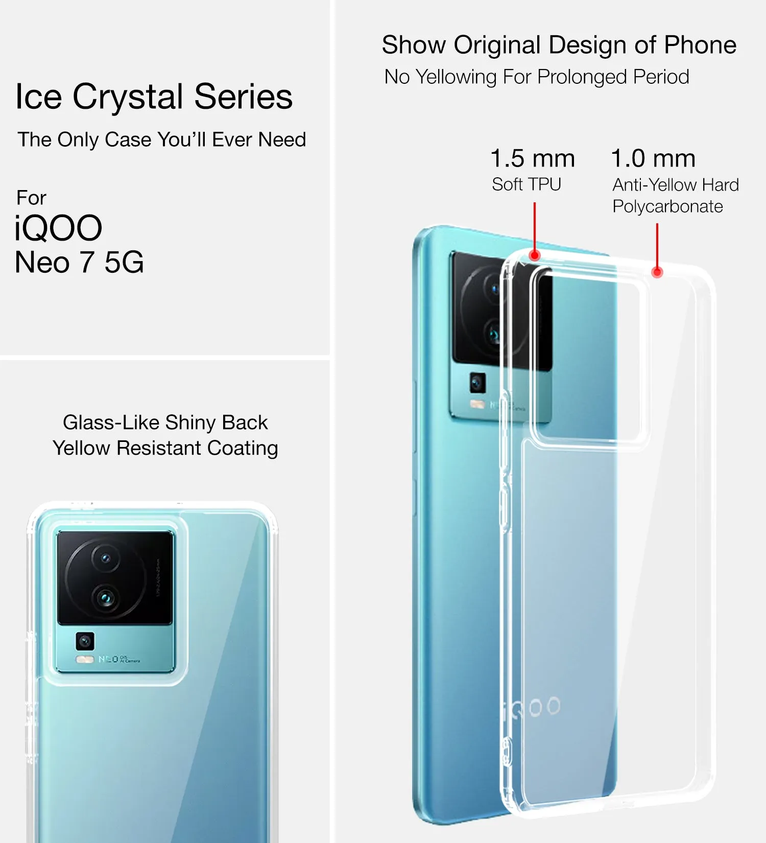 Ice Crystal Series Hybrid Transparent PC Military Grade TPU Back Cover for iQOO Neo 7 5G, iQOO Neo 7 Pro 5G, 6.78 inch, Crystal Clear