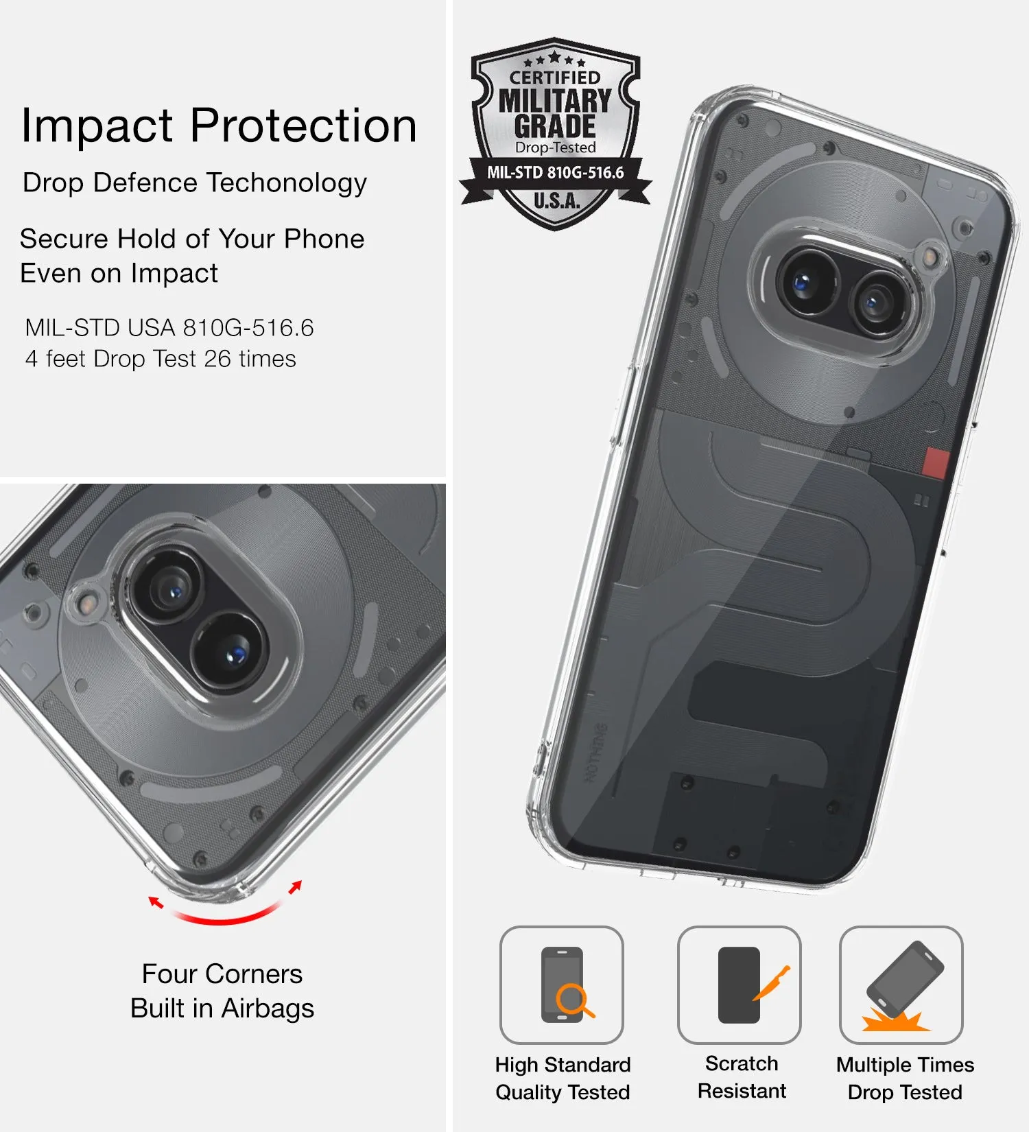 Ice Crystal Series Hybrid Transparent PC Military Grade TPU Back Cover for Nothing Phone (2a) Plus 5G, Nothing Phone (2a) 5G, 6.7 inch, Crystal Clear