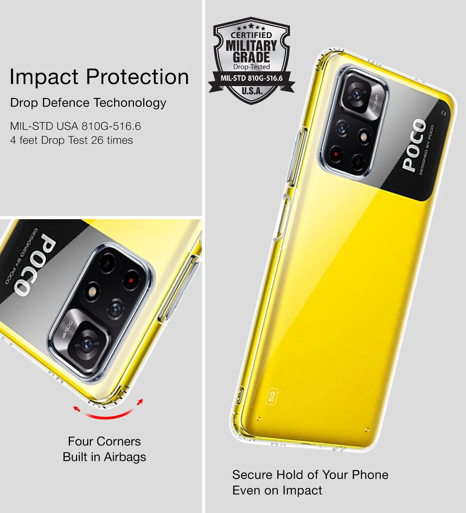 Ice Crystal Series Hybrid Transparent PC Military Grade TPU Back Cover for Poco M4 Pro 5G, 6.6 inch, Crystal Clear