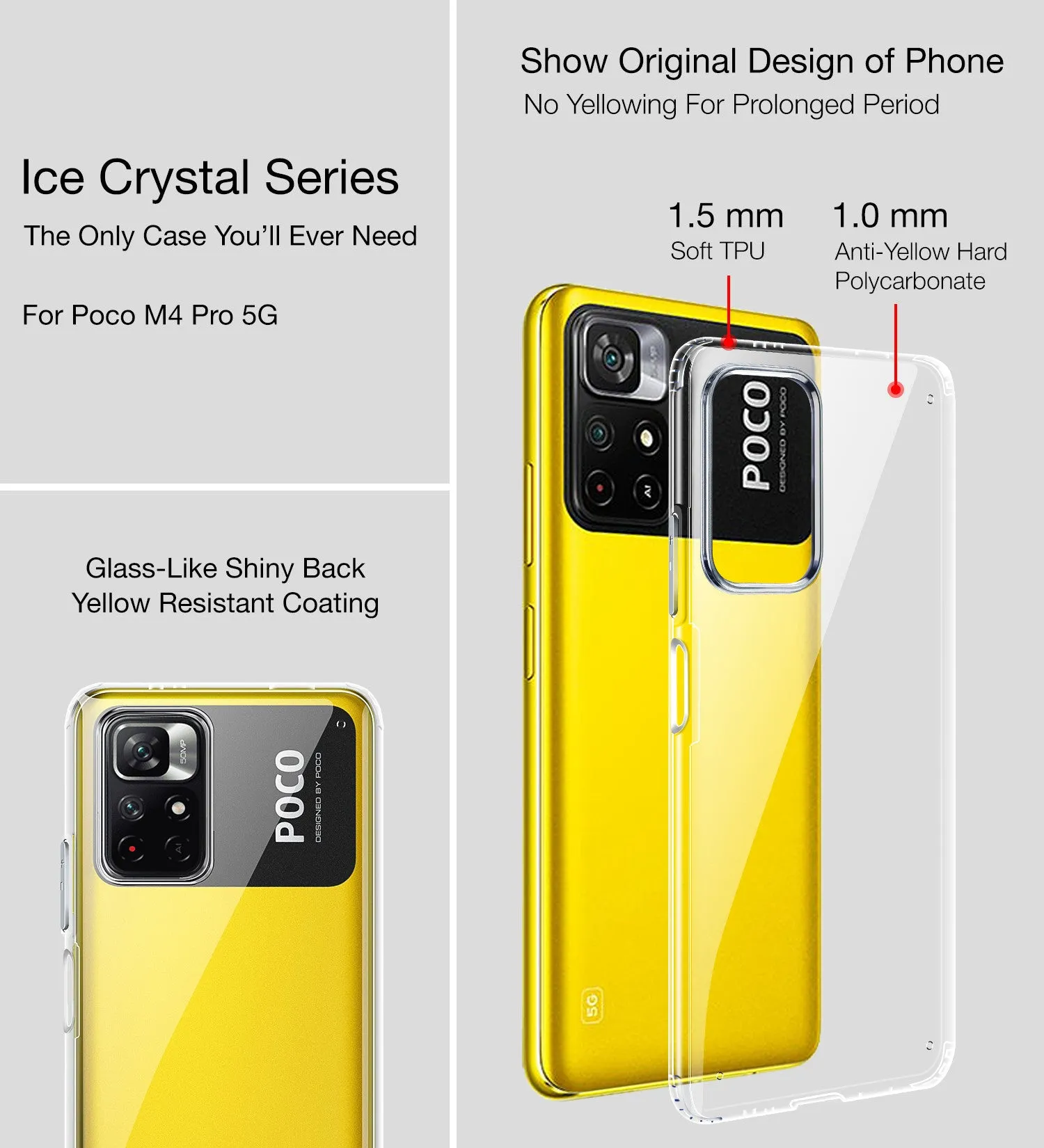 Ice Crystal Series Hybrid Transparent PC Military Grade TPU Back Cover for Poco M4 Pro 5G, 6.6 inch, Crystal Clear