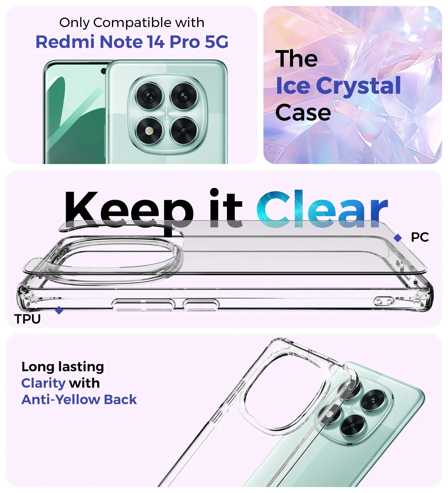 Ice Crystal Series Hybrid Transparent PC Military Grade TPU Back Cover for  POCO X7 5G, Redmi Note 14 Pro 5G, Redmi Note 14 Pro  Plus 5G, 6.67 inch, Crystal Clear