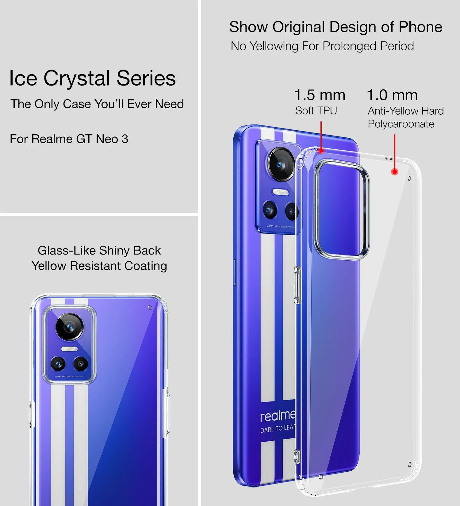 Ice Crystal Series Hybrid Transparent PC Military Grade TPU Back Cover for Realme GT Neo 3, 6.7 inch, Crystal Clear