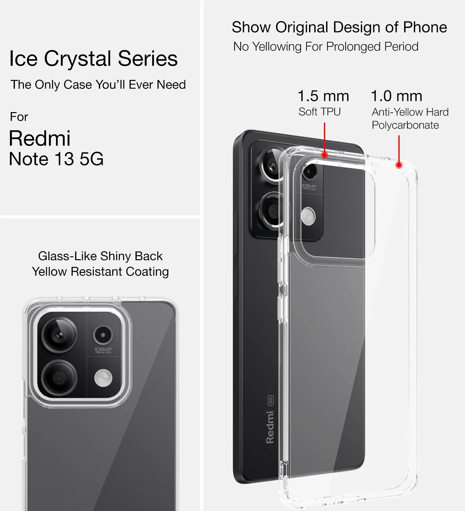 Ice Crystal Series Hybrid Transparent PC Military Grade TPU Back Cover for Redmi Note 13 5G, 6.67 inch, Crystal Clear