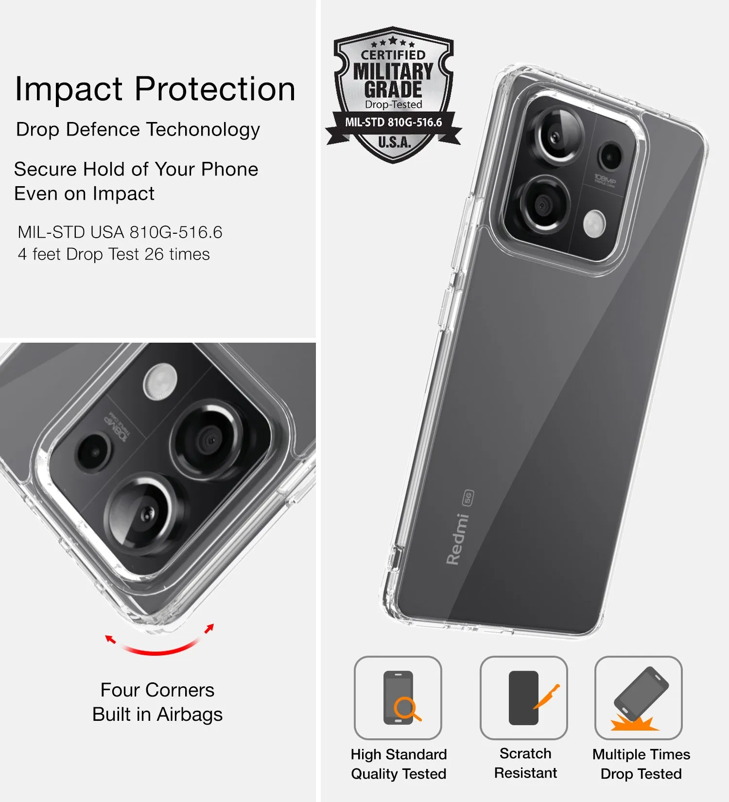 Ice Crystal Series Hybrid Transparent PC Military Grade TPU Back Cover for Redmi Note 13 5G, 6.67 inch, Crystal Clear