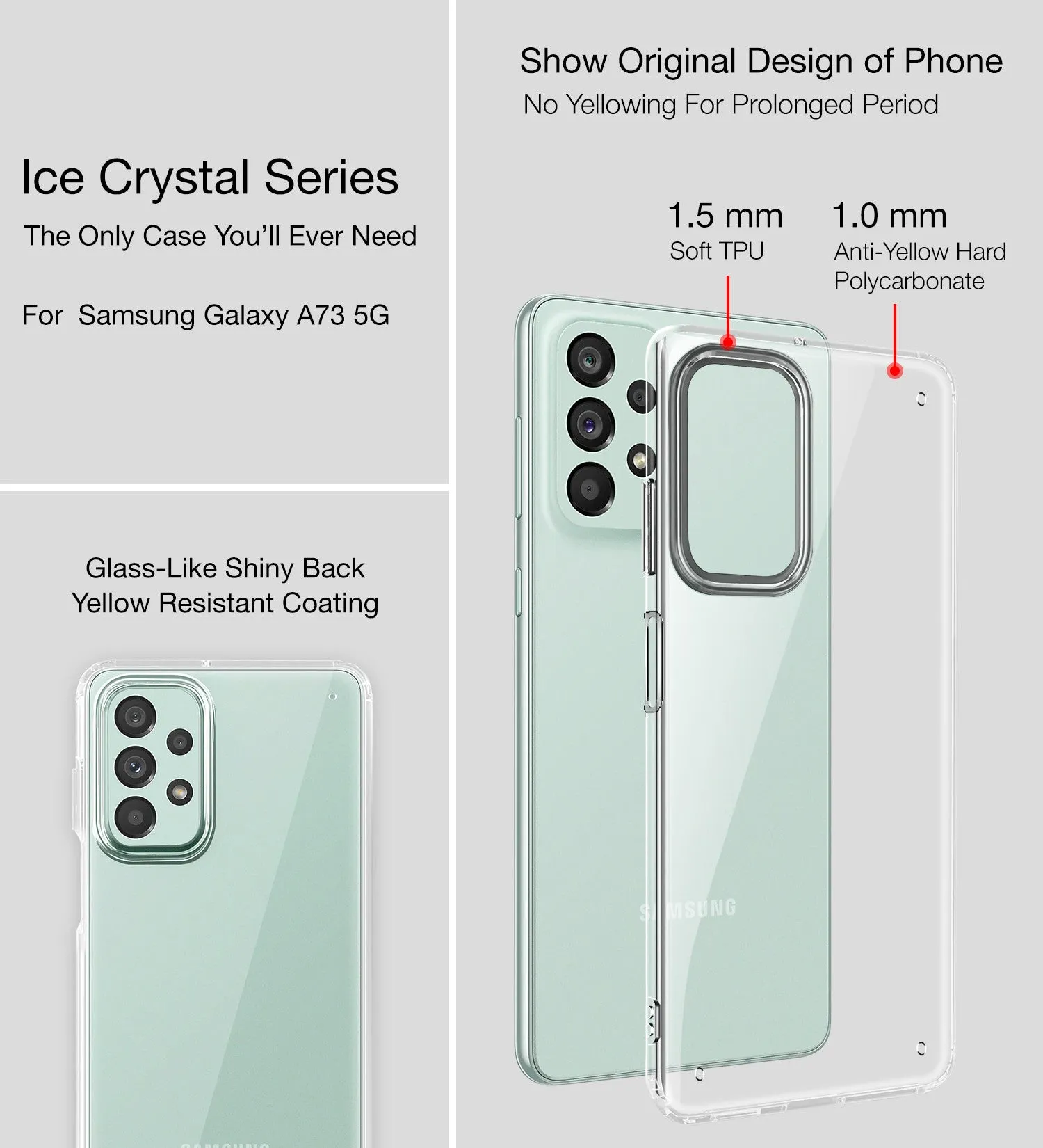 Ice Crystal Series Hybrid Transparent PC Military Grade TPU Back Cover for Samsung Galaxy A73 5G, 6.7 inch, Crystal Clear