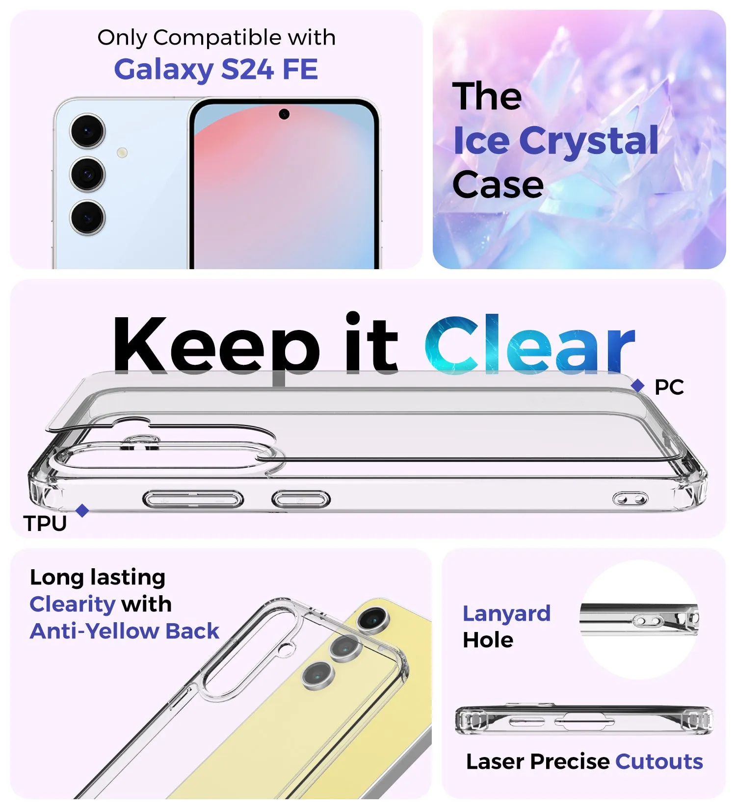 Ice Crystal Series Hybrid Transparent PC Military Grade TPU Back Cover for Samsung Galaxy S24 FE 5G, 6.7 inch, Crystal Clear
