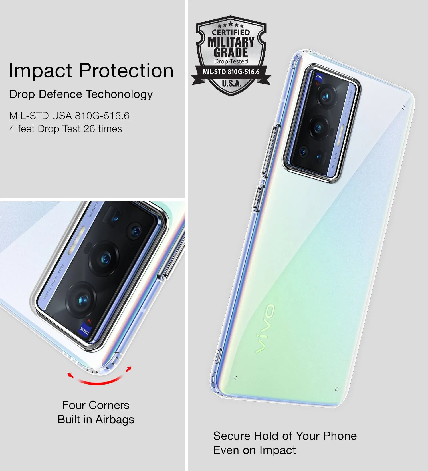 Ice Crystal Series Hybrid Transparent PC Military Grade TPU Back Cover for Vivo X70 Pro [Not for Vivo X70 Pro Plus], 6.56 inch, Crystal Clear