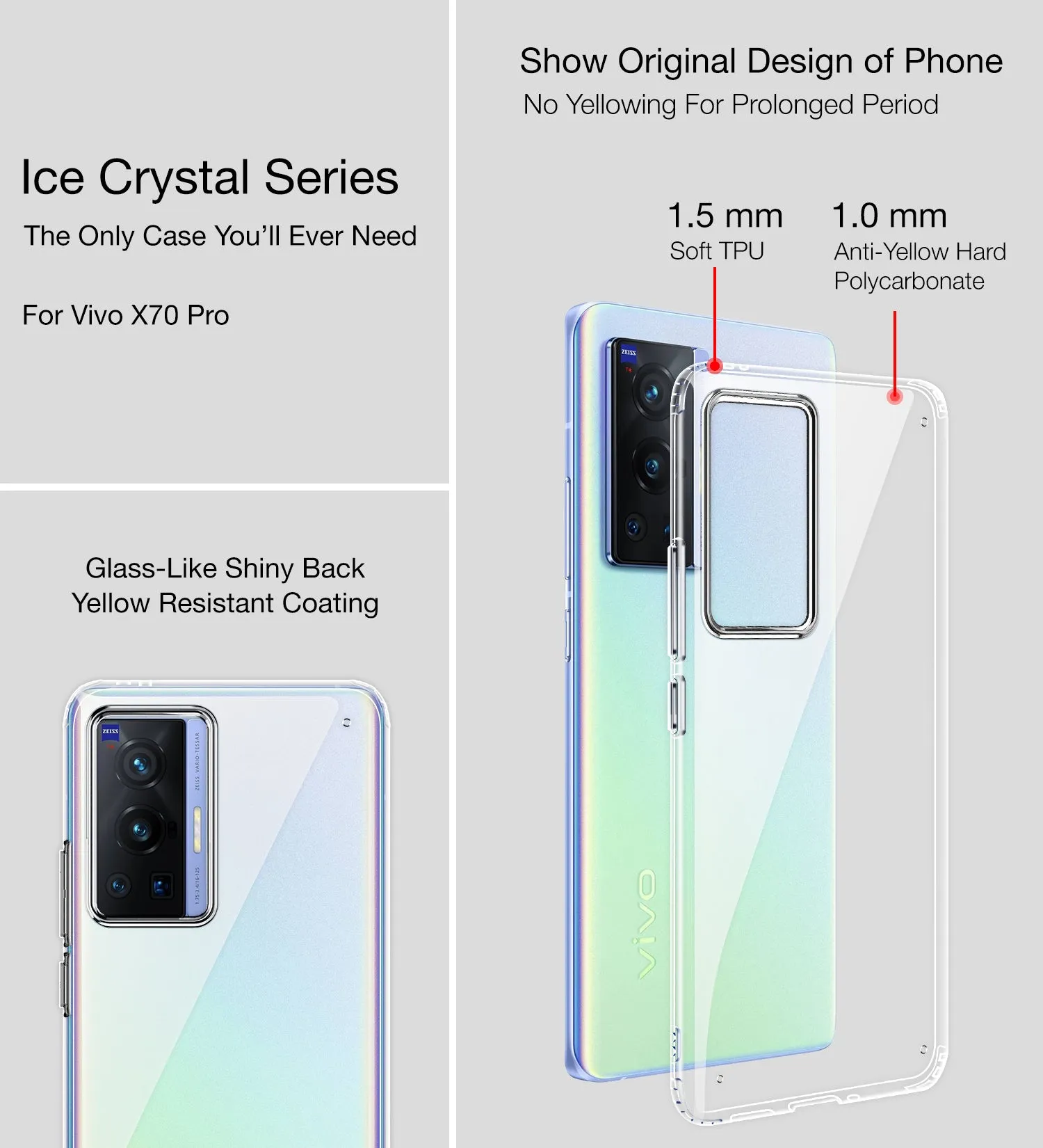 Ice Crystal Series Hybrid Transparent PC Military Grade TPU Back Cover for Vivo X70 Pro [Not for Vivo X70 Pro Plus], 6.56 inch, Crystal Clear
