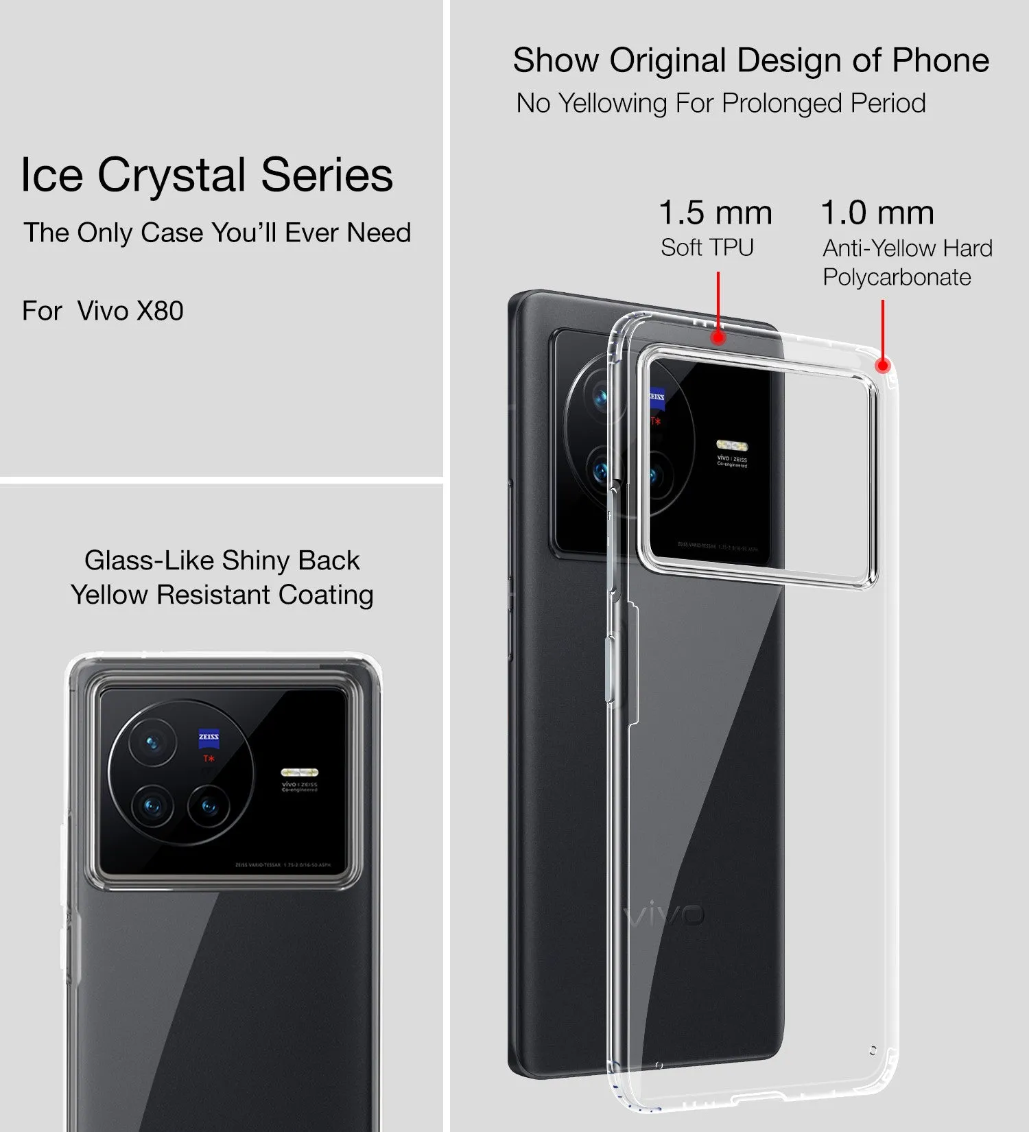 Ice Crystal Series Hybrid Transparent PC Military Grade TPU Back Cover for Vivo X80, 6.78 inch, Crystal Clear