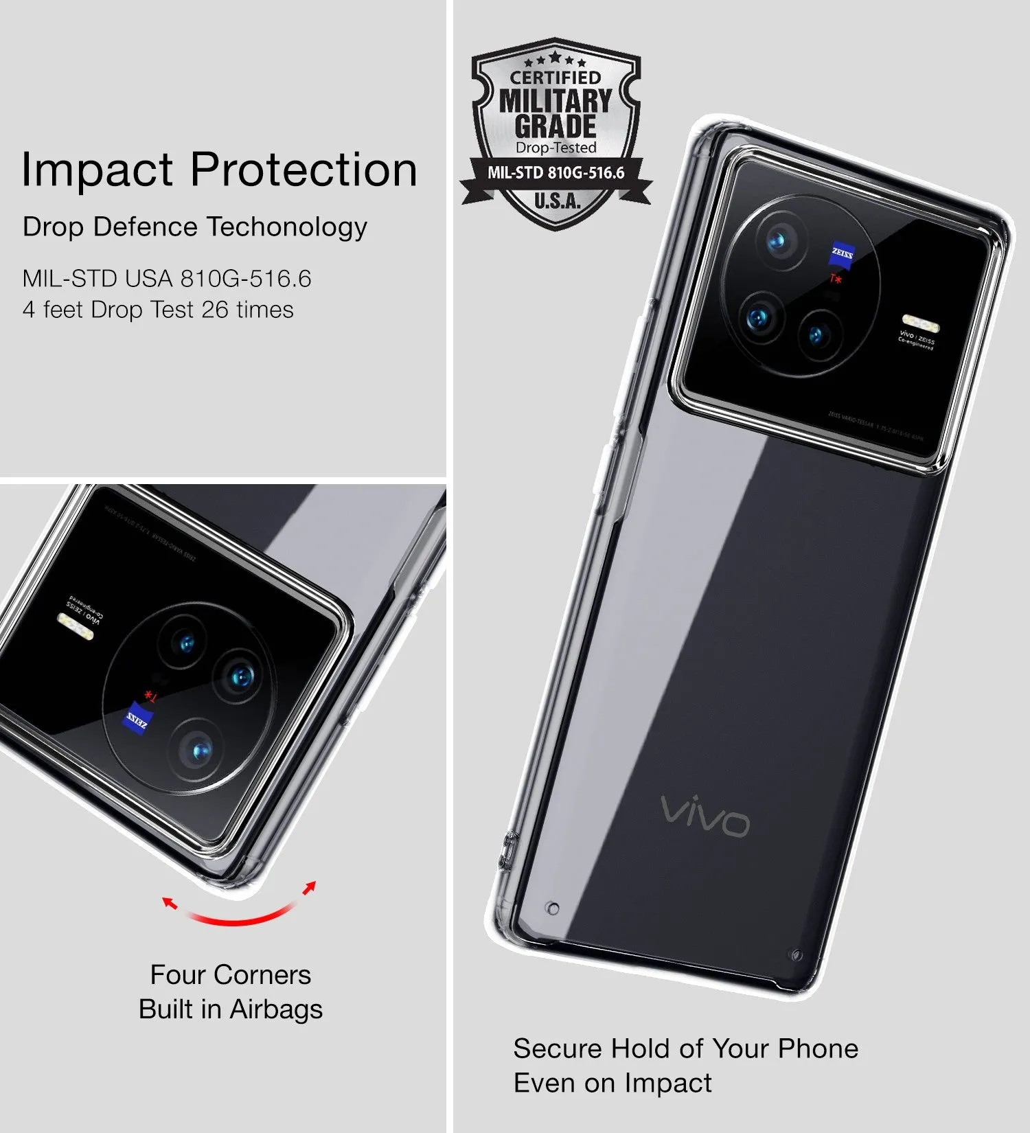 Ice Crystal Series Hybrid Transparent PC Military Grade TPU Back Cover for Vivo X80, 6.78 inch, Crystal Clear