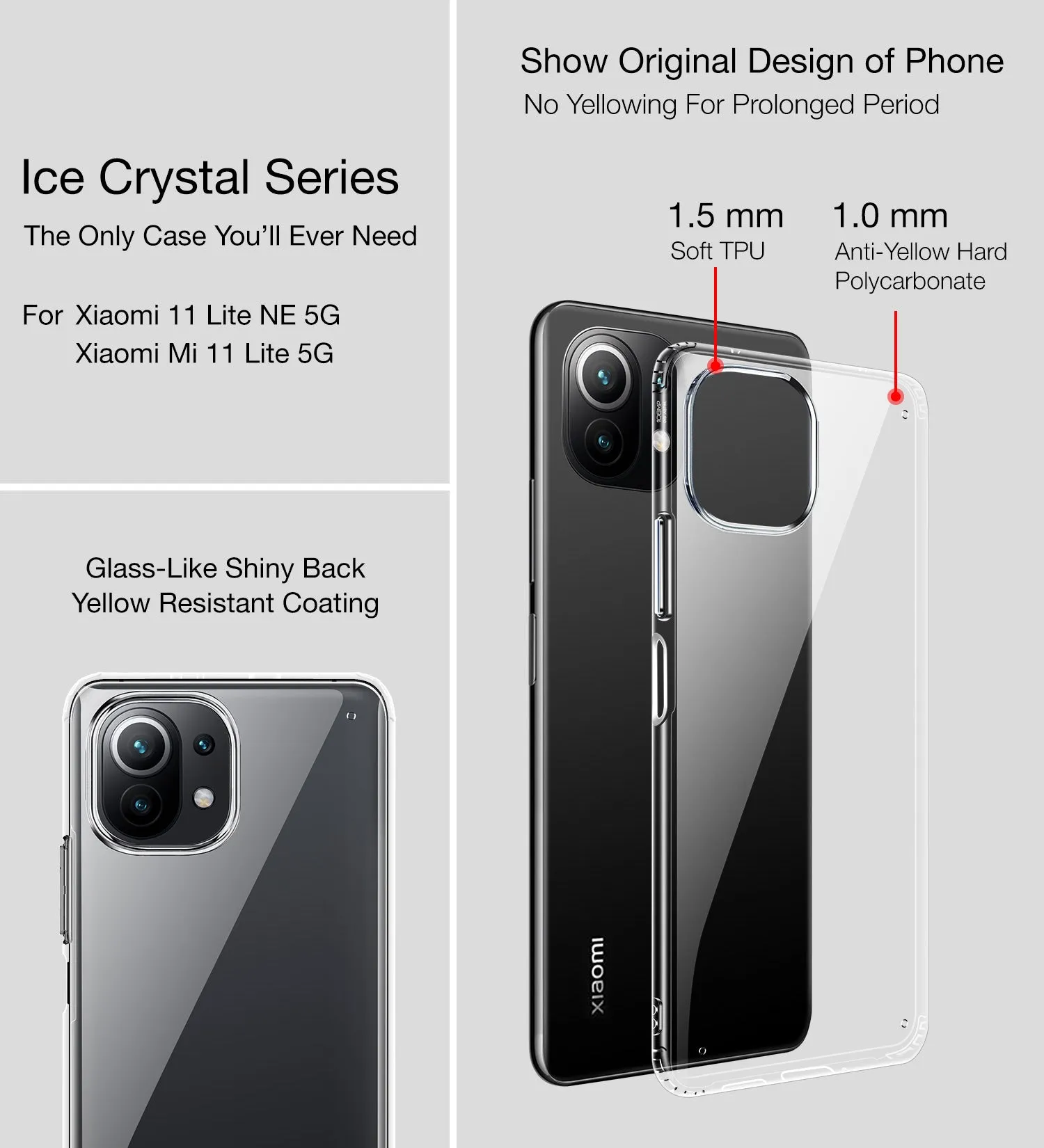 Ice Crystal Series Hybrid Transparent PC Military Grade TPU Back Cover for Xiaomi 11 Lite NE 5G, Xiaomi Mi 11 Lite, Xiaomi Mi 11 Lite 5G, 6.55 inch, Crystal Clear