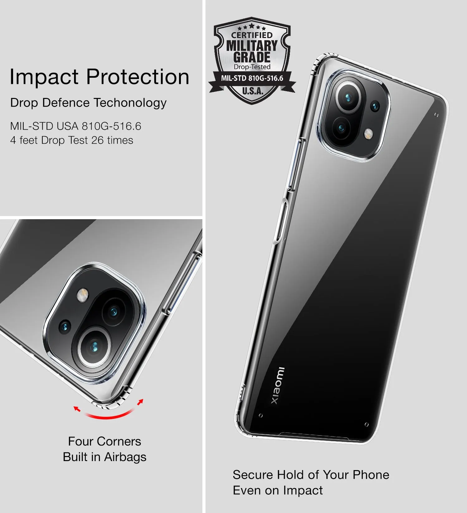 Ice Crystal Series Hybrid Transparent PC Military Grade TPU Back Cover for Xiaomi 11 Lite NE 5G, Xiaomi Mi 11 Lite, Xiaomi Mi 11 Lite 5G, 6.55 inch, Crystal Clear
