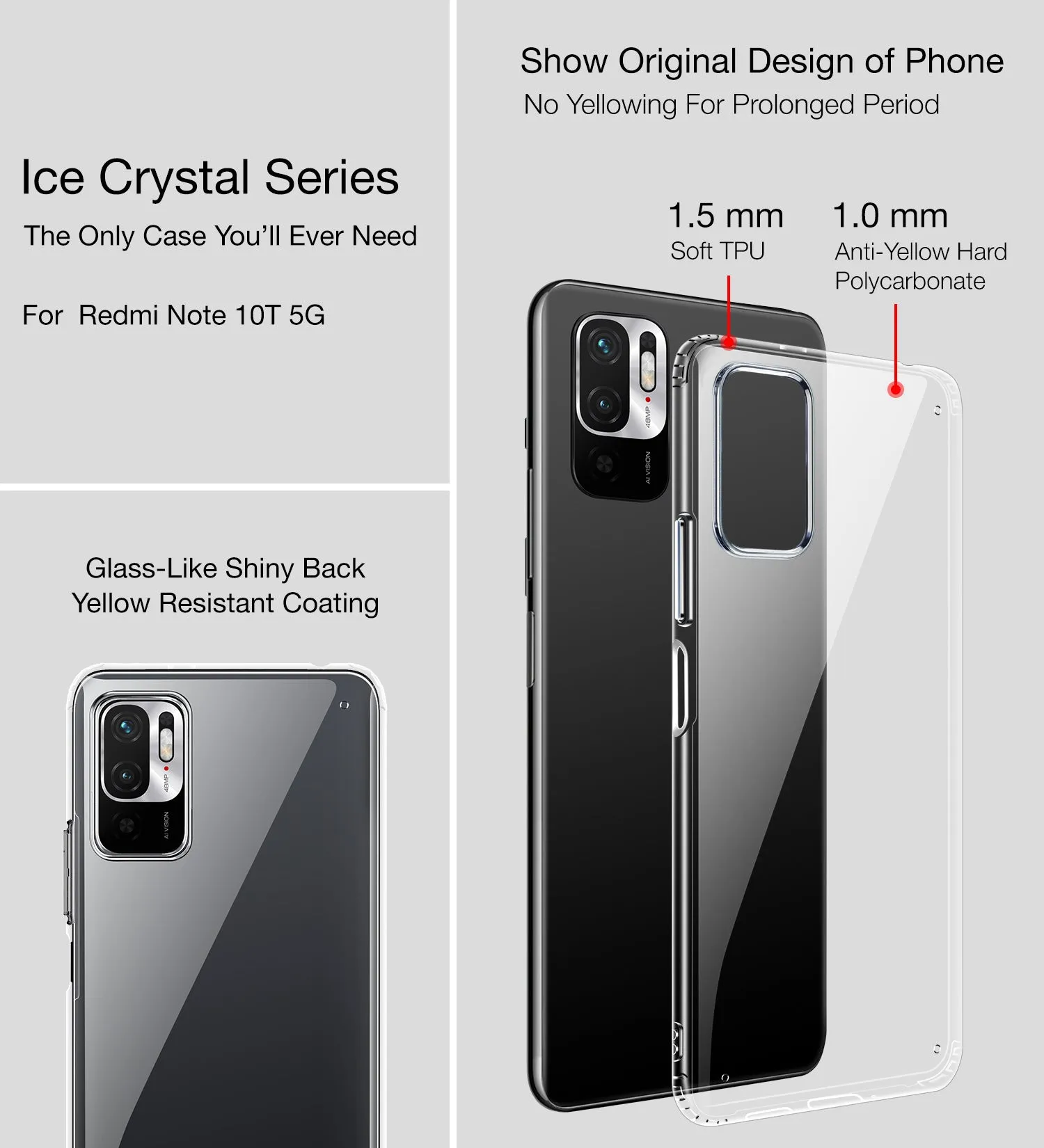 Ice Crystal Series Hybrid Transparent PC Military Grade TPU Back Cover for Xiaomi Redmi Note 10T 5G, 6.5 inch, Crystal Clear