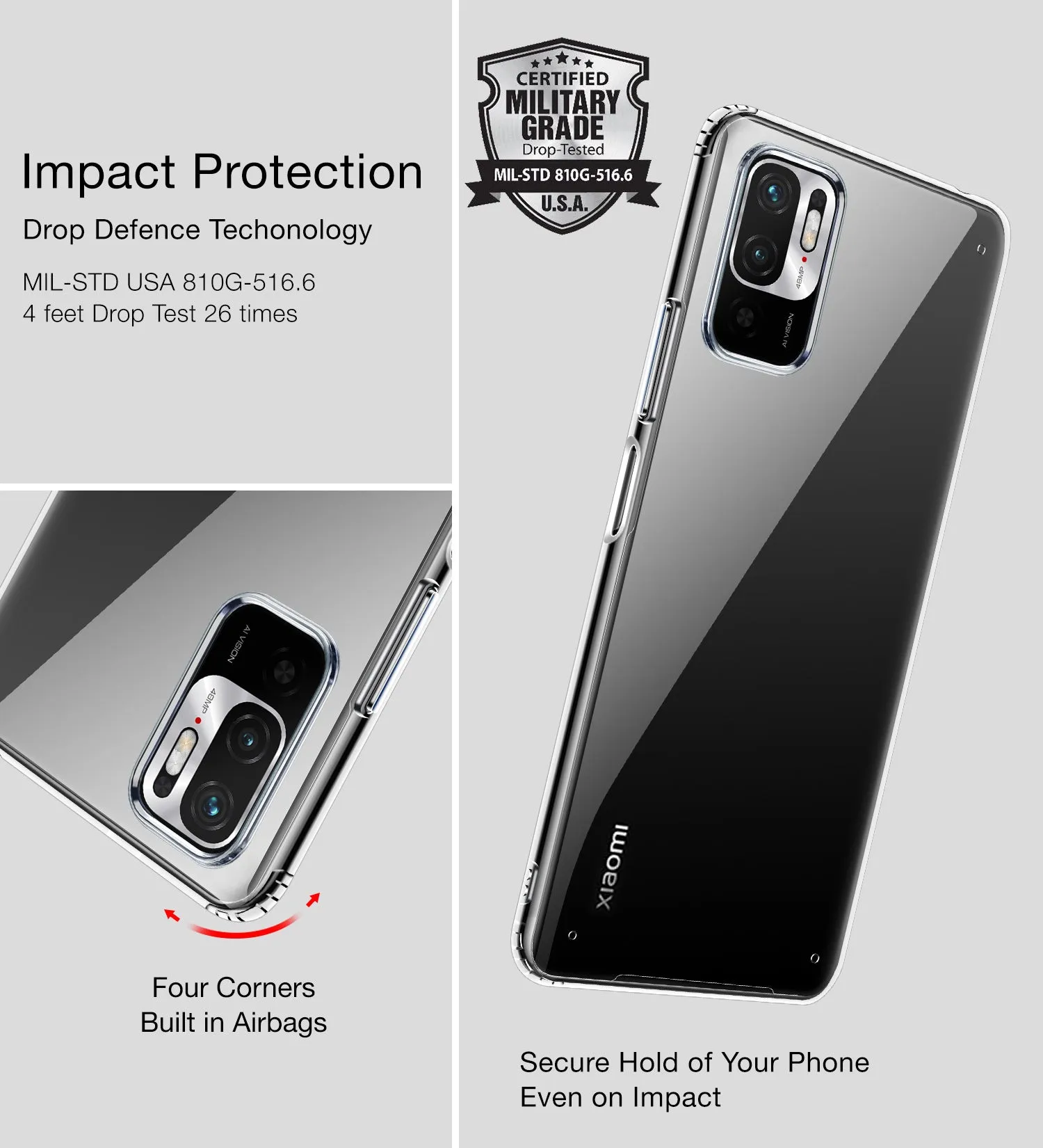 Ice Crystal Series Hybrid Transparent PC Military Grade TPU Back Cover for Xiaomi Redmi Note 10T 5G, 6.5 inch, Crystal Clear